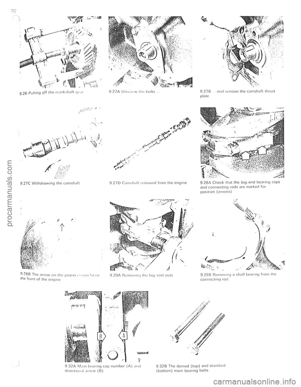 FORD CAPRI 1974 Owners Guide , 
9 27A UhL"W II", holts 
p 
t 
9278 ptJ1C ,111\1 1(;OV(1 lilc C<l1l1shah Ih,uSl 
9  28A Check  that th e big-end  hearing CilPS ,mel conllCCtlllg rods (He nlJ,kcd for pOSitIon (nrrows) 
I. 
~ 