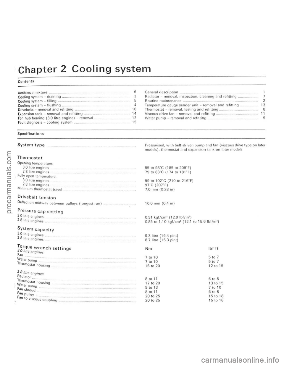 FORD CAPRI 1974 Repair Manual ,. Chapter 2 Cooling system 
Cont ents 
AntIfreeze  mixture Cool ing system -draining, Cooling  system -filhng Coo ling system  -flushing " D,ivcbcllS -femoy~1 and refilling Expansion lank -removal an