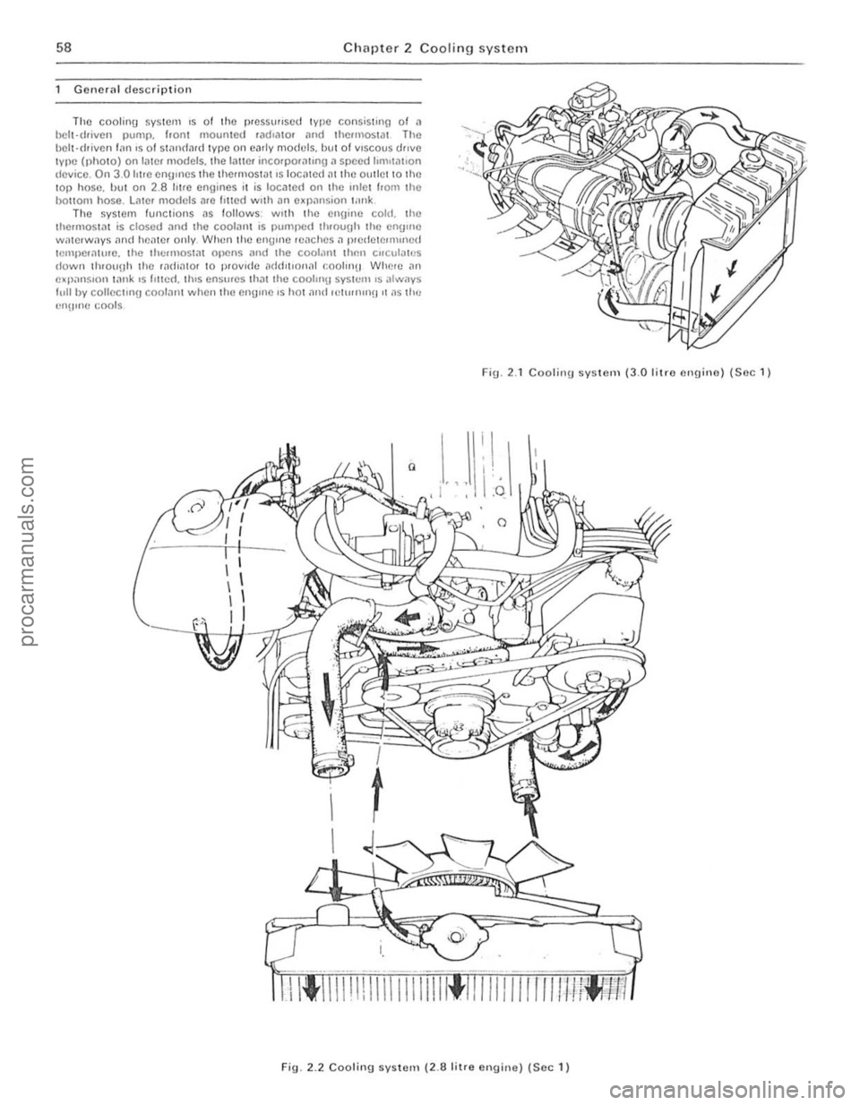 FORD CAPRI 1974 Repair Manual , 
I ; 
I 
i 
, . I 
) 
58 Chapter 2 Cooling system 
Goneral descriptio n 
Tho coo1inU sys tem IS of tile flfCSSll"sc d type  consiSling of 11 helt·driven pump. h0l11 mourllc d .ild,ator and thermOSI