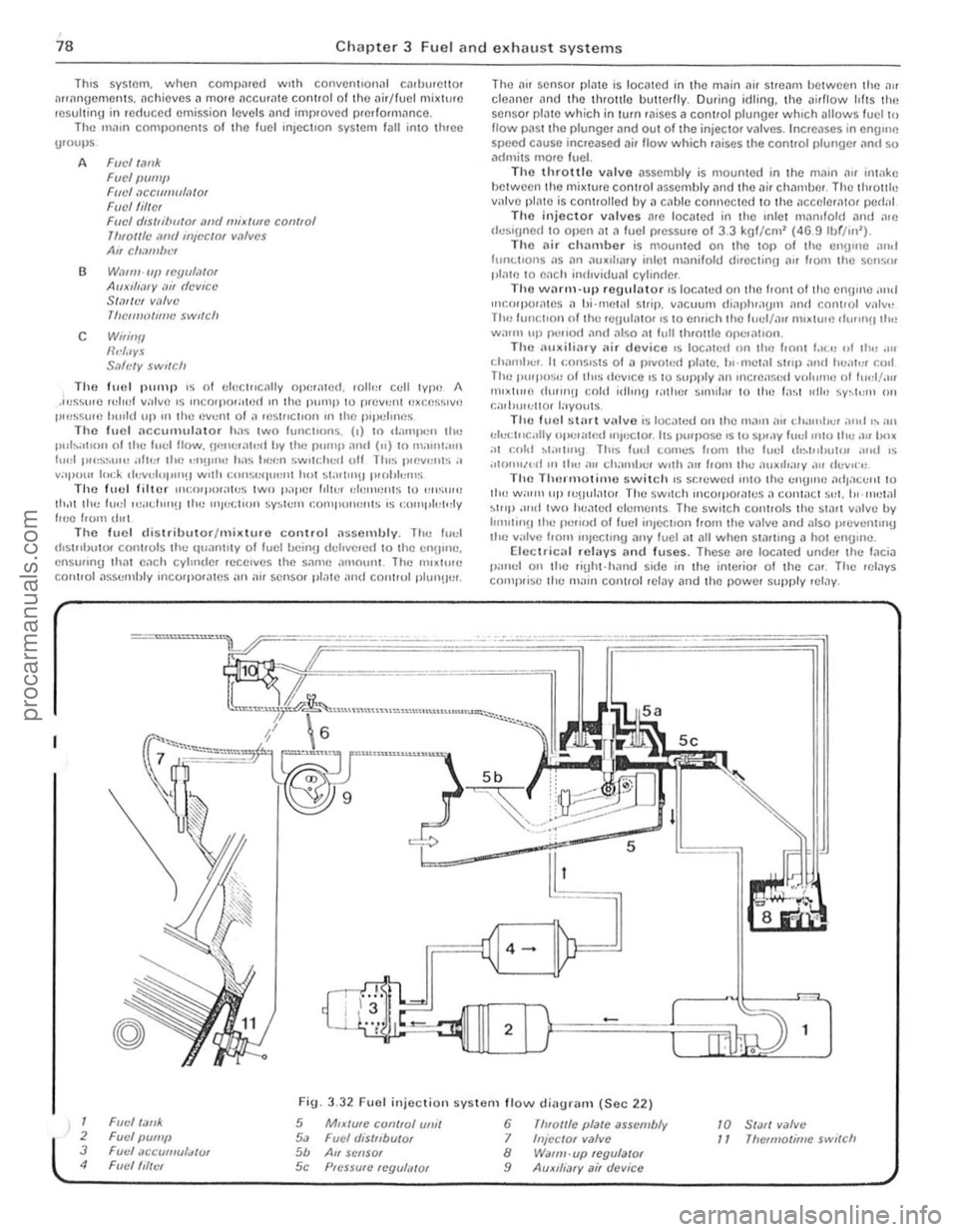  ull" Fu el p"mp rfelov(!ry (nHrHrl1lJlll)
SyS1cn, P")~"'''U Fvcll,mk Co1P,lC '(y
Torque wrenc h settings Fue l ,11,>1,,1.,,101
W",m "p "'~11I1;,1O' 51<1,1 V,llvt: A\J~'h;"y i'" duvlC(! Air eh.""I>", Bal1)o I>ull~ Fuel d'SI"hu\or W",nl up '«!lul,l1or (MIO) W,llln·up rC(jul
Gener,,1 description
TI", 1",,1 sy'>I<'1ll <;onSIS1$ of " reM moulI1ed fuel wl1k. il {hilpluo1\Jn1 type 1",,1 1l"'''P d"v(JIl I,om the C,lIllSh
prc .. en ('''Uliat spots or mlsf""'\J .... ·ho)lI the eng"'e h<1s re<1ched liS norm;ll ope,mll1\J lemperJtllle Ihe PV S I, open In tillS condltloll lhe C<1rbUle1l0' '5 connected 10 Ihe
d ,s t"hu!Or v.a lhe PVS.
2 Rouline lll
Check condilion of fuel hoses 2 E>.n''''lle illl Ihc fuef hoses on the eng ine compartment and on the fu!:1 ""'k. for SIgns 01 leilkJge or eletellowt,on. 3 Che ck the secullty 01
)
s!:q uence (jlvcn
Renew the ilir filler element 5 D'$ coruWct lhe hauery. G Remove lhe twO nuts secullng the air cleaner lid nnd remov e tile
N rn 16 to 20
4 to 8 8!O 15
'8 to 2 2
1 8 to 2 2 20 to 27 38 to 45 20 to 2 4
Ibl It 12 to 15
3 to 6 6 to 11 13 to 16
13 to 16 15w20 28 to 33 15 to 18
1305<:h K ·JetfOnic COlltonnous inlCCllon !JOO .1. 25 rpm 1 25 I 0.2 930 a cc cvcry 30 scconds 5 f)5 I 0.25 kUI/crn' (789 I 36 11l1/on') 580 hlrc ( 12.7U
7 to 10 5w7 7 to 10 5 10 7 7w!l 5 10 7
18 to 20 13 10 15 11 to 15 810 11 5 to 8 4 \0 6
5 10 8 4 to 6 181020 13 t o 15
hd . 0" I;>ter models the ltd rnily be secuted with sprong IJSleners. 7 LIlt Out the paper clement
Air tamper
VaC(I(lm mUlor FIlip valve I-IC<1I sensor
o 1-101 all in",ke E Culd illl U!wh,
procarmanuals.com
Page 79 of 205
![FORD CAPRI 1974 Workshop Manual ,
. ,
I , ~. !
78 Chapter 3 FlIer and exhaust systems
TIlls system, when comp1lrcd with conventlon,lI c.Jrhwctlo, ~rrilngemen1s. <lchicves <l mOIO IlccUl.1te control 01 lho <Jil/fuel mi~l\l,e re FORD CAPRI 1974 Workshop Manual ,
. ,
I , ~. !
78 Chapter 3 FlIer and exhaust systems
TIlls system, when comp1lrcd with conventlon,lI c.Jrhwctlo, ~rrilngemen1s. <lchicves <l mOIO IlccUl.1te control 01 lho <Jil/fuel mi~l\l,e re
