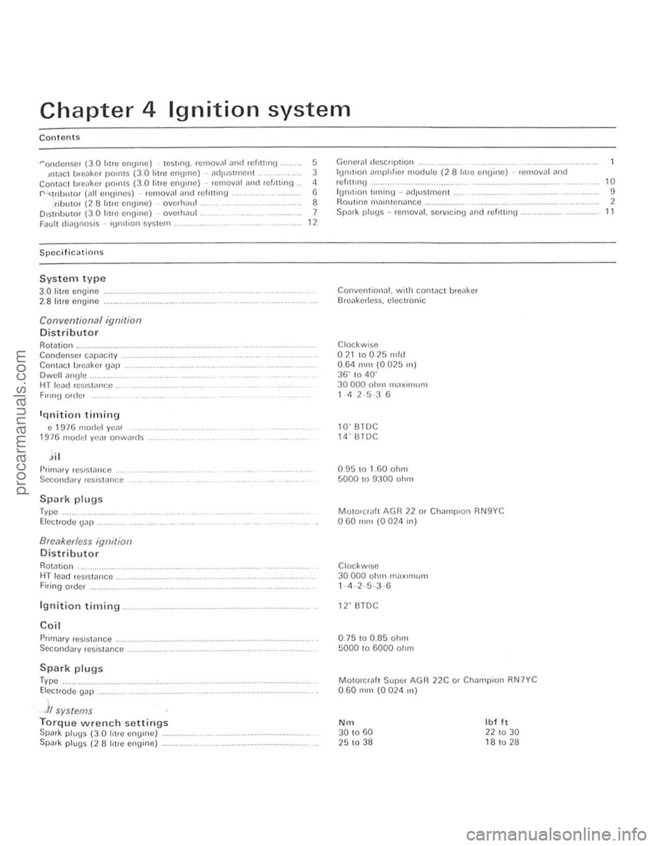 FORD CAPRI 1974  Workshop Manual Chapter 4 Ignition system 
Contents 
"ondcnsc! (30 Iotre cnUIIlC) teslI llU .  removal and rc h1!ln g .... 5 "tact b.ellkc .  POIllIS (3 .0 litre CIlUIIlC) ,lI 11us1mC lll 3 ConlilC ! brCi.ke<  POin