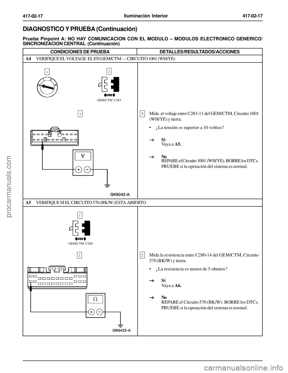 FORD EXPLORER 1995  Service Repair Manual Iluminación Interior417-02-17
417-02-17
DIAGNOSTICO Y PRUEBA (Continuación)
Prueba Pinpoint A: NO HAY COMUNICACION CON EL MODULO – MODULOS ELECTRONICO GENERICO/
SINCRONIZACION CENTRAL  (Continuaci