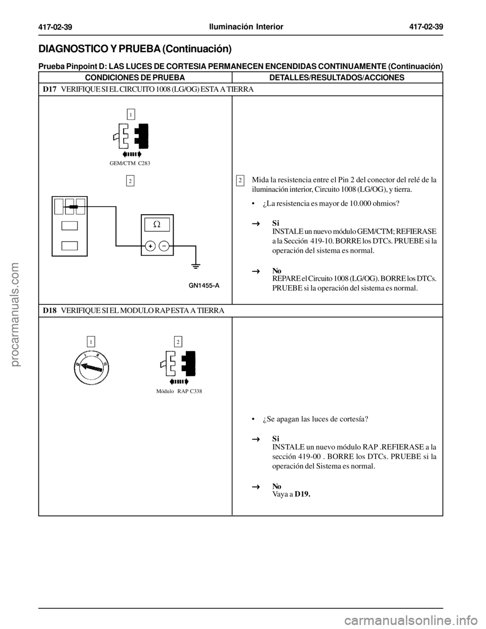 FORD EXPLORER 1995  Service Repair Manual Iluminación Interior417-02-39
417-02-39
DIAGNOSTICO Y PRUEBA (Continuación)
Prueba Pinpoint D: LAS LUCES DE CORTESIA PERMANECEN ENCENDIDAS CONTINUAMENTE (Continuación)
CONDICIONES DE PRUEBADETALLES