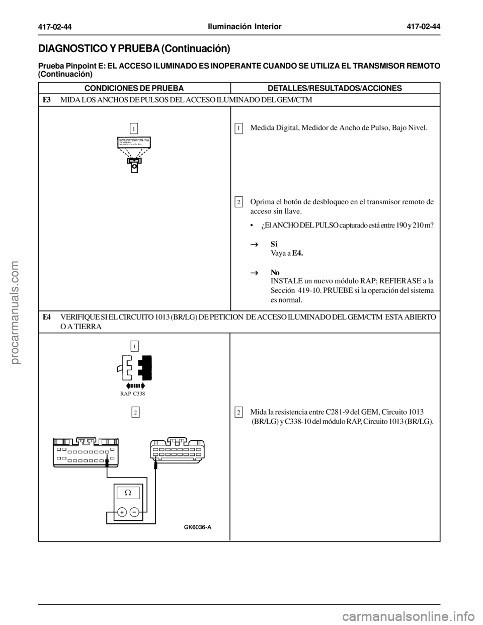 FORD EXPLORER 1995  Service Repair Manual Iluminación Interior417-02-44
417-02-44
DIAGNOSTICO Y PRUEBA (Continuación)
Prueba Pinpoint E: EL ACCESO ILUMINADO ES INOPERANTE CUANDO SE UTILIZA EL TRANSMISOR REMOTO
(Continuación)
CONDICIONES DE