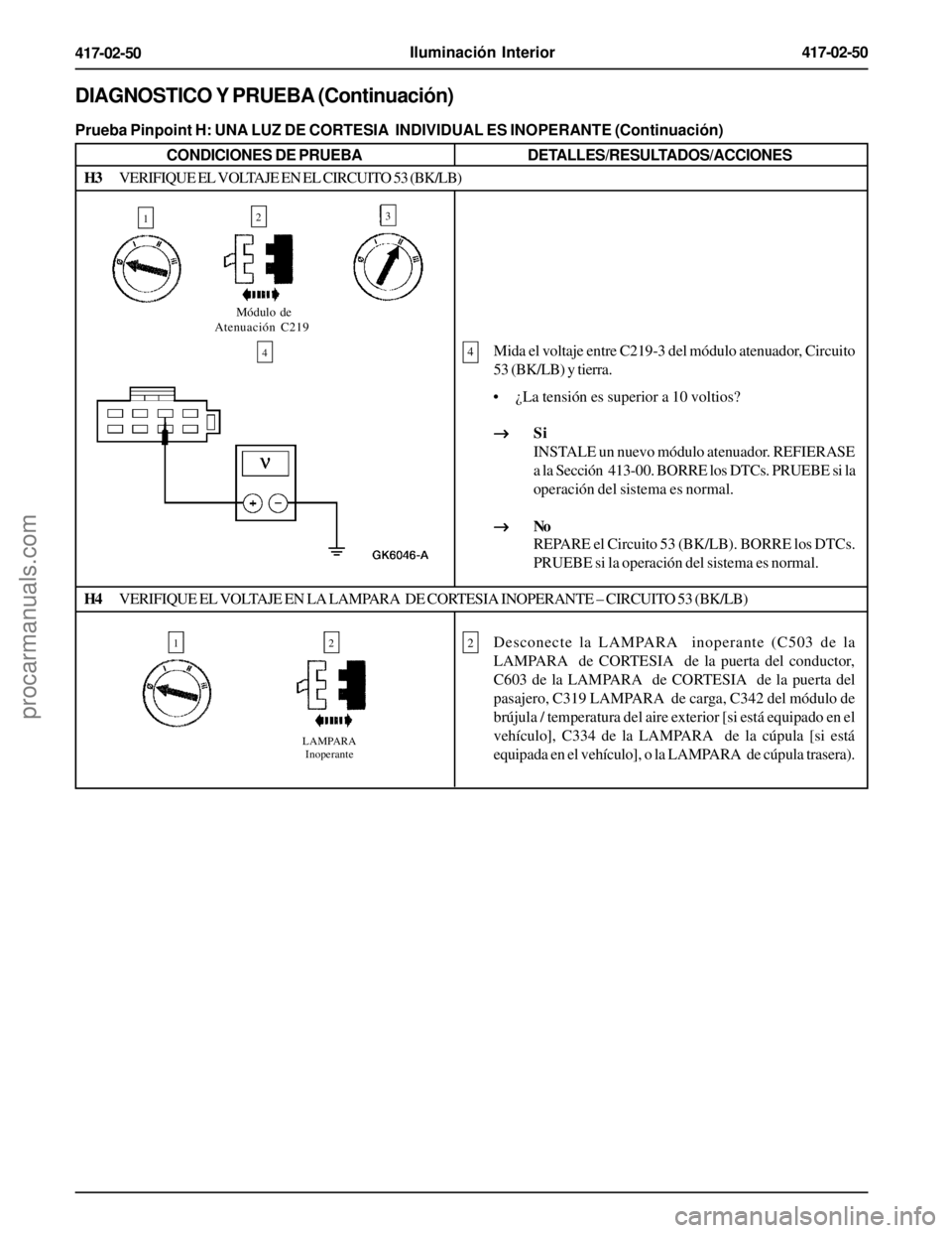 FORD EXPLORER 1995  Service Repair Manual Iluminación Interior417-02-50
417-02-50
DIAGNOSTICO Y PRUEBA (Continuación)
Prueba Pinpoint H: UNA LUZ DE CORTESIA  INDIVIDUAL ES INOPERANTE (Continuación)
CONDICIONES DE PRUEBADETALLES/RESULTADOS/