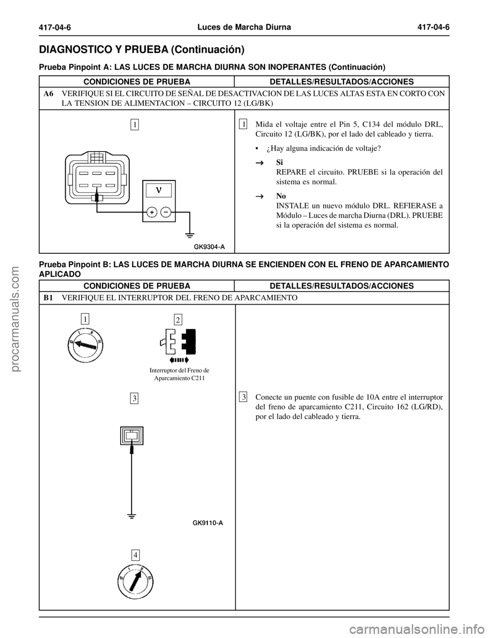 FORD EXPLORER 1995  Service Repair Manual Luces de Marcha Diurna417-04-6
417-04-6
Prueba Pinpoint A: LAS LUCES DE MARCHA DIURNA SON INOPERANTES (Continuación)
CONDICIONES DE PRUEBADETALLES/RESULTADOS/ACCIONES
A6VERIFIQUE SI EL CIRCUITO DE SE