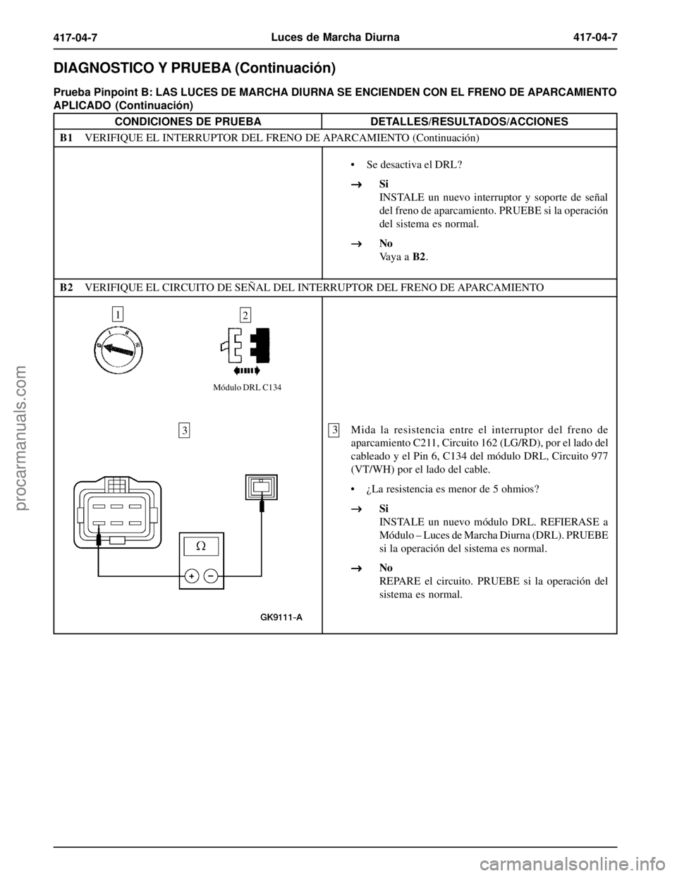 FORD EXPLORER 1995  Service Repair Manual Luces de Marcha Diurna417-04-7
417-04-7
Prueba Pinpoint B: LAS LUCES DE MARCHA DIURNA SE ENCIENDEN CON EL FRENO DE APARCAMIENTO
APLICADO (Continuación)
CONDICIONES DE PRUEBADETALLES/RESULTADOS/ACCION