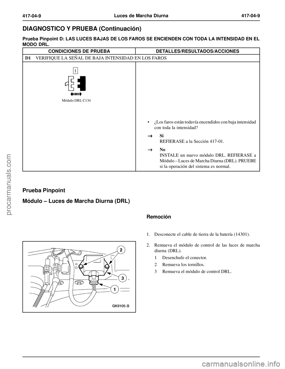 FORD EXPLORER 1995  Service Repair Manual Luces de Marcha Diurna417-04-9
417-04-9
Prueba Pinpoint D: LAS LUCES BAJAS DE LOS FAROS SE ENCIENDEN CON TODA LA INTENSIDAD EN EL
MODO DRL.
CONDICIONES DE PRUEBADETALLES/RESULTADOS/ACCIONES
D1VERIFIQU
