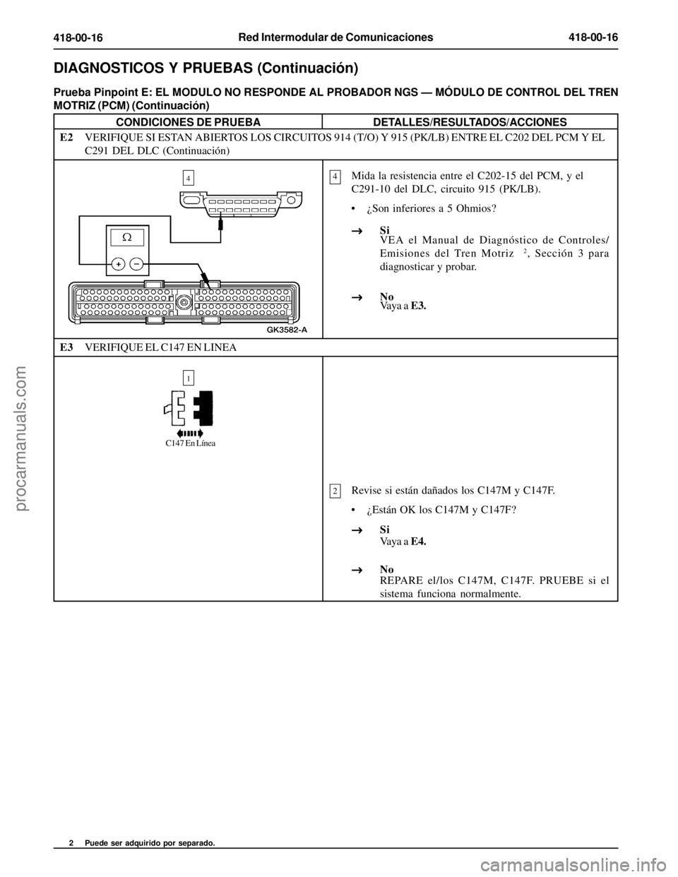 FORD EXPLORER 1995 Service Repair Manual Red Intermodular de Comunicaciones418-00-16
418-00-16
2Revise si están dañados los C147M y C147F.
• ¿Están OK los C147M y C147F?
Vaya a E4.
REPARE el/los C147M, C147F. PRUEBE si el
sistema funci FORD EXPLORER 1995 Service Repair Manual Red Intermodular de Comunicaciones418-00-16
418-00-16
2Revise si están dañados los C147M y C147F.
• ¿Están OK los C147M y C147F?
Vaya a E4.
REPARE el/los C147M, C147F. PRUEBE si el
sistema funci