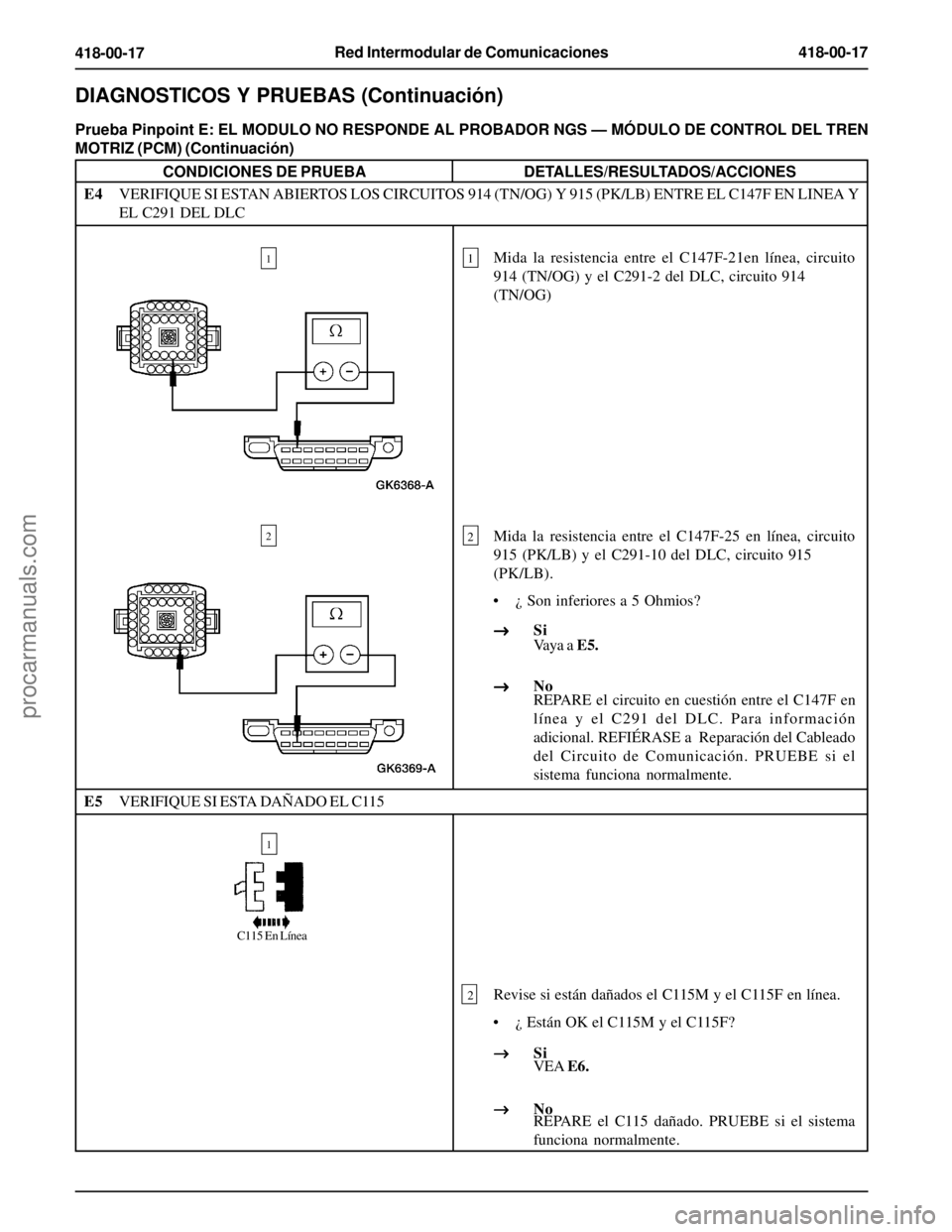 FORD EXPLORER 1995 Service Repair Manual Red Intermodular de Comunicaciones418-00-17
418-00-17
2Revise si están dañados el C115M y el C115F en línea.
• ¿ Están OK el C115M y el C115F?
VEA E6.
REPARE el C115 dañado. PRUEBE si el siste FORD EXPLORER 1995 Service Repair Manual Red Intermodular de Comunicaciones418-00-17
418-00-17
2Revise si están dañados el C115M y el C115F en línea.
• ¿ Están OK el C115M y el C115F?
VEA E6.
REPARE el C115 dañado. PRUEBE si el siste