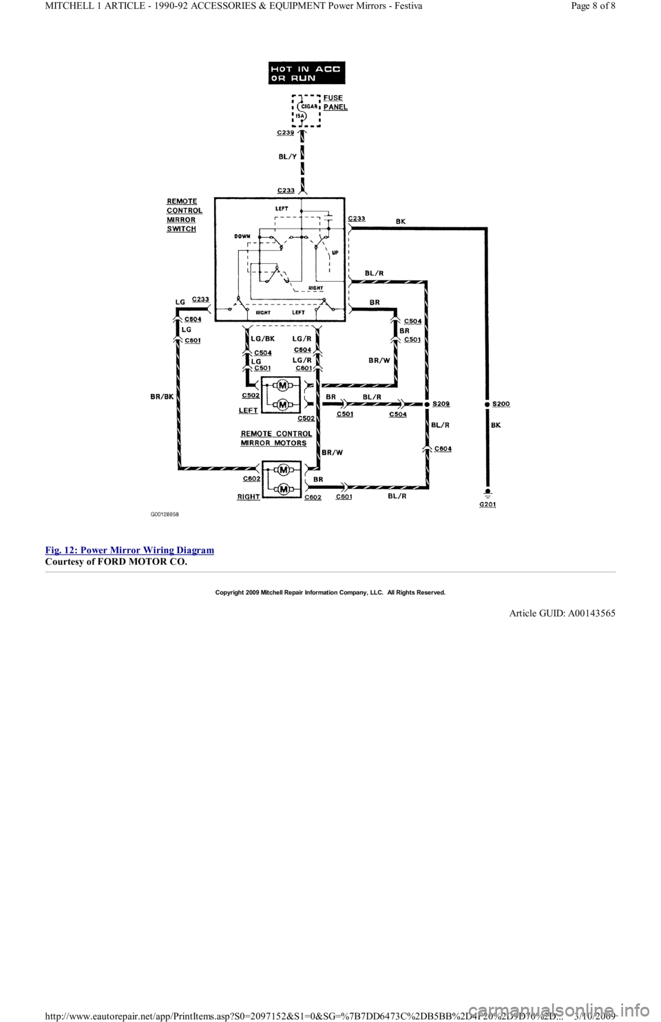 FORD FESTIVA 1991 User Guide  
Fig. 12: Power Mirror Wiring Diagram
 
Courtesy of FORD MOTOR CO. 
Copyr ight 2009 Mitchell Repair  Information Company, LLC.  All Rights Reserved.  
Article GUID: A00143565 
Page 8 of 8 MITCHELL 1 