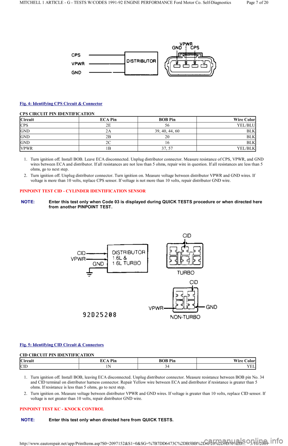 FORD FESTIVA 1991 Service Manual
Fig. 4: Identifying CPS Circuit & Connector
CPS CIRCUIT PIN IDENTIFICATION
1. Turn ignition off. Install BOB. Leave ECA disconnected. Unplug distributor connector. Measure resistance of CPS, VPWR FORD FESTIVA 1991 Service Manual
Fig. 4: Identifying CPS Circuit & Connector
CPS CIRCUIT PIN IDENTIFICATION
1. Turn ignition off. Install BOB. Leave ECA disconnected. Unplug distributor connector. Measure resistance of CPS, VPWR