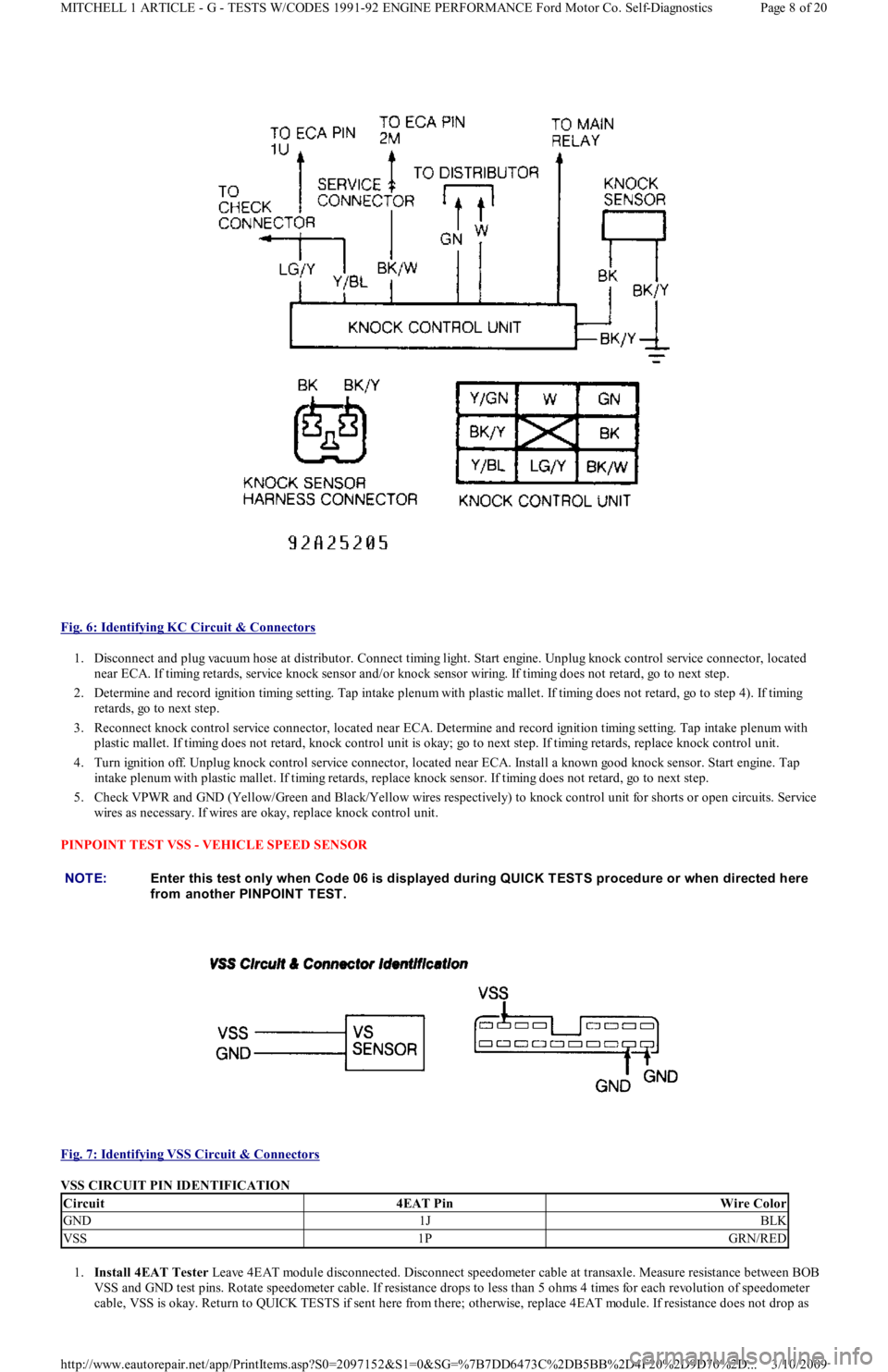 FORD FESTIVA 1991 Service Manual
Fig. 6: Identifying KC Circuit & Connectors
1. Disconnect and plug vacuum hose at distributor. Connect timing light. Start engine. Unplug knock control service connector, located
near ECA. If tim FORD FESTIVA 1991 Service Manual
Fig. 6: Identifying KC Circuit & Connectors
1. Disconnect and plug vacuum hose at distributor. Connect timing light. Start engine. Unplug knock control service connector, located
near ECA. If tim