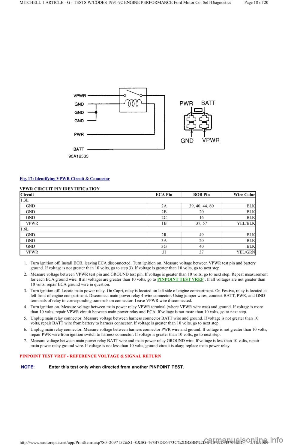 FORD FESTIVA 1991  Service Manual  
Fig. 17: Identifying VPWR Circuit & Connector
 
VPWR CIRCUIT PIN IDENTIFICATION 
1. Turn ignition off. Install BOB, leaving ECA disconnected. Turn ignition on. Measure voltage between VPWR test pin 