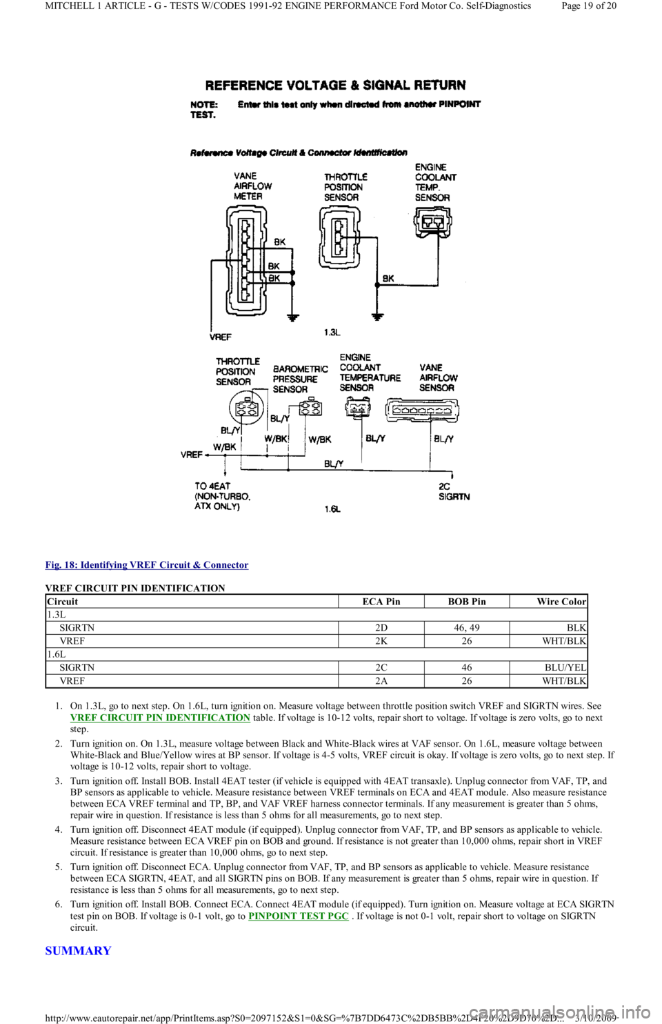 FORD FESTIVA 1991  Service Manual  
Fig. 18: Identifying VREF Circuit & Connector
 
VREF CIRCUIT PIN IDENTIFICATION 
1. On 1.3L, go to next step. On 1.6L, turn ignition on. Measure voltage between throttle position switch VREF and SIG