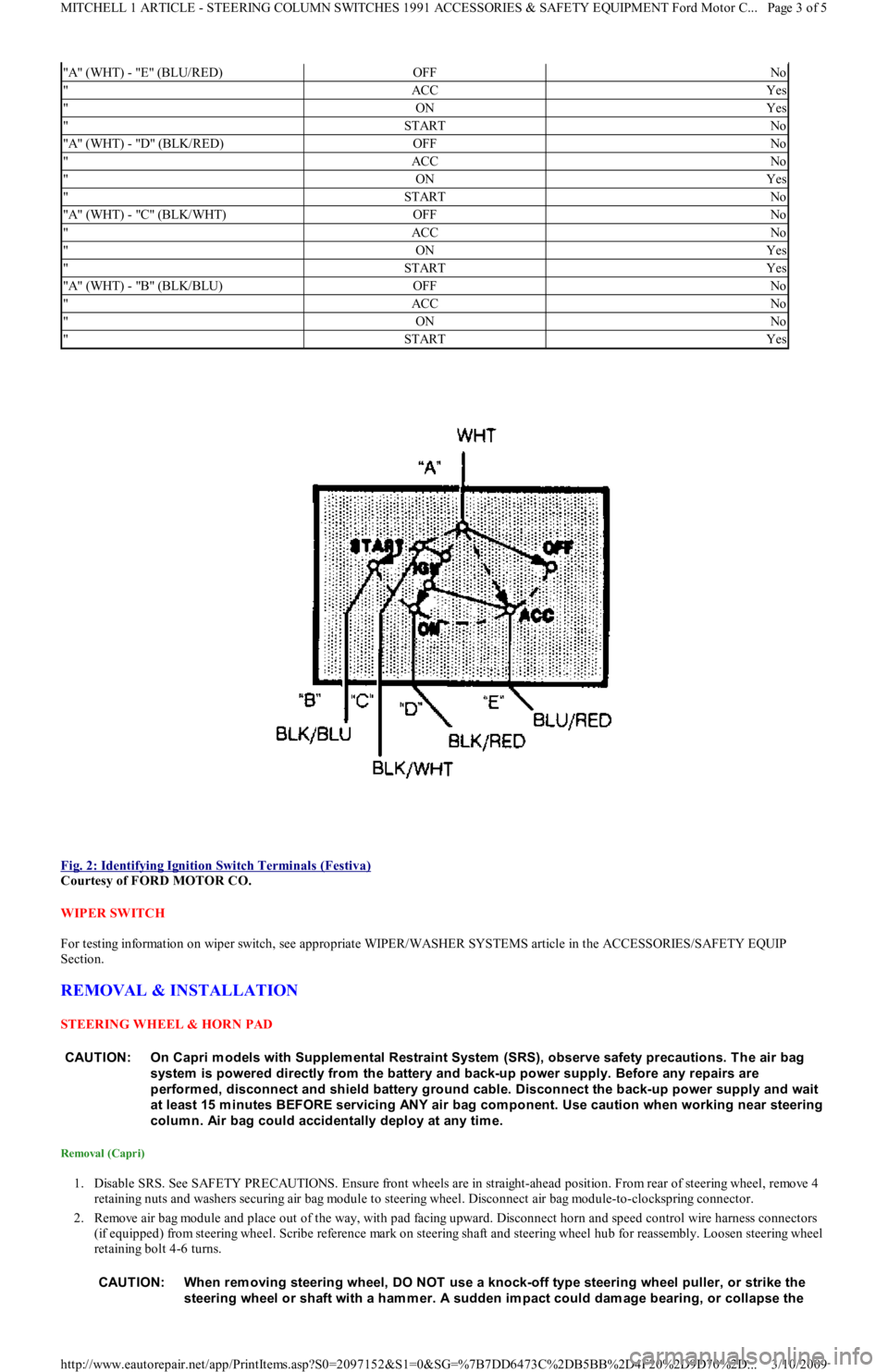 FORD FESTIVA 1991 User Guide  
Fig. 2: Identifying Ignition Switch Terminals (Festiva)
 
Courtesy of FORD MOTOR CO. 
WIPER SWITCH 
For testing information on wiper switch, see appropriate WIPER/WASHER SYSTEMS article in the ACCES