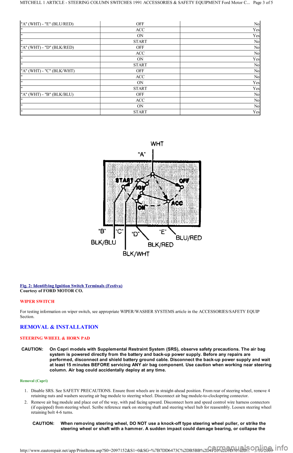 FORD FESTIVA 1991 User Guide
Fig. 2: Identifying Ignition Switch Terminals (Festiva)
Courtesy of FORD MOTOR CO.
WIPER SWITCH
For testing information on wiper switch, see appropriate WIPER/WASHER SYSTEMS article in the ACCES FORD FESTIVA 1991 User Guide
Fig. 2: Identifying Ignition Switch Terminals (Festiva)
Courtesy of FORD MOTOR CO.
WIPER SWITCH
For testing information on wiper switch, see appropriate WIPER/WASHER SYSTEMS article in the ACCES