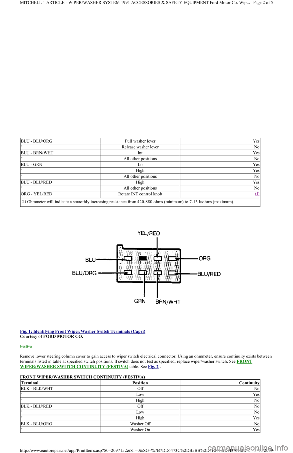 FORD FESTIVA 1991 Owners Manual  
Fig. 1: Identifying Front Wiper/Washer Switch Terminals (Capri)
 
Courtesy of FORD MOTOR CO. 
Festiva 
Remove lower steering column cover to gain access to wiper switch electrical connector. Using a