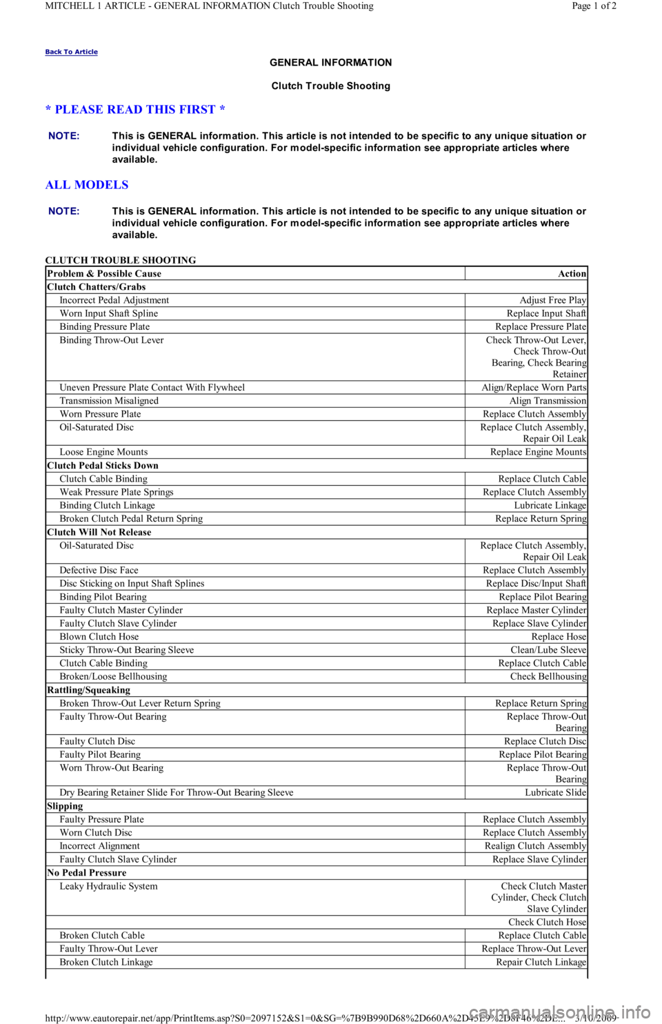 FORD FESTIVA 1991  Service Manual Back To Article 
GENERAL INFORMATION 
Clutch Trouble Shooting 
* PLEASE READ THIS FIRST * 
ALL MODELS 
CLUTCH TROUBLE SHOOTING  NOTE:This is GENERAL inform ation. This article is not intended to be sp