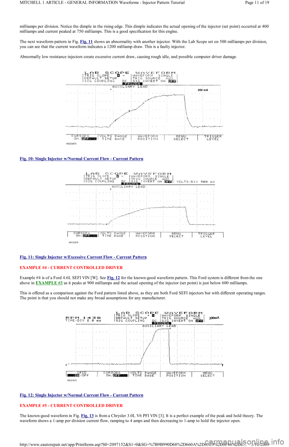 FORD FESTIVA 1991  Service Manual milliamps per division. Notice the dimple in the rising edge. This dimple indicates the actual opening of the injector (set point) occurred at 400 
milliamps and current peaked at 750 milliamps. This 