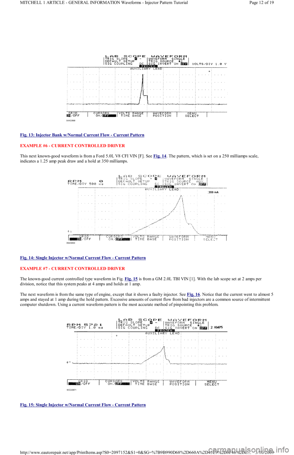 FORD FESTIVA 1991  Service Manual  
Fig. 13: Injector Bank w/Normal Current Flow 
- Current Pattern 
EXAMPLE #6 - CURRENT CONTROLLED DRIVER 
This next known-good waveform is from a Ford 5.0L V8 CFI VIN [F]. See Fig. 14
. The pattern, 