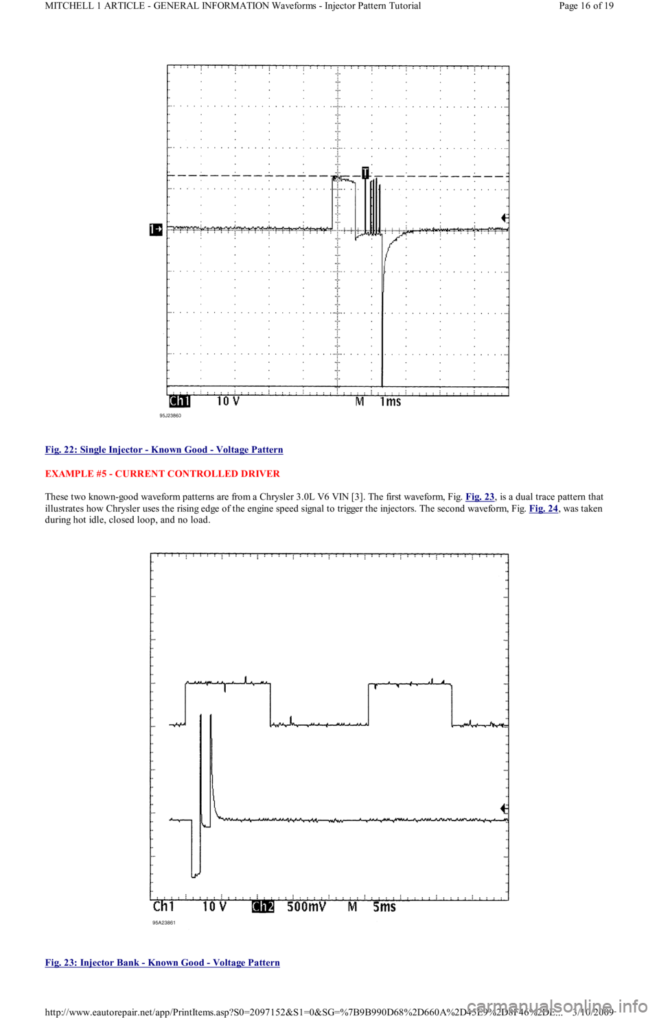 FORD FESTIVA 1991  Service Manual  
Fig. 22: Single Injector 
- Known Good - Voltage Pattern 
EXAMPLE #5 - CURRENT CONTROLLED DRIVER 
These two known-good waveform patterns are from a Chrysler 3.0L V6 VIN [3]. The first waveform, Fig.