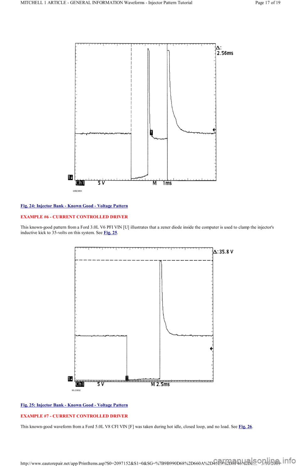 FORD FESTIVA 1991  Service Manual  
Fig. 24: Injector Bank 
- Known Good - Voltage Pattern 
EXAMPLE #6 - CURRENT CONTROLLED DRIVER 
This known-good pattern from a Ford 3.0L V6 PFI VIN [U] illustrates that a zener diode inside the comp