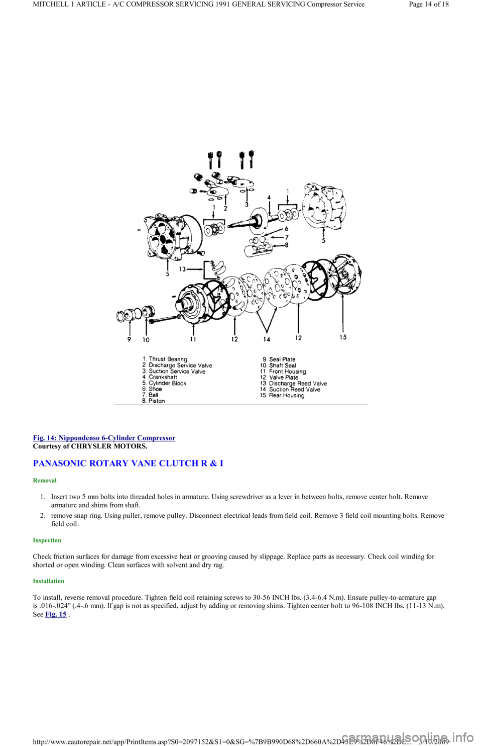 FORD FESTIVA 1991  Service Manual  
Fig. 14: Nippondenso 6
-Cylinder Compressor 
Courtesy of CHRYSLER MOTORS. 
PANASONIC ROTARY VANE CLUTCH R & I 
Removal 
1. Insert two 5 mm bolts into threaded holes in armature. Using screwdriver as