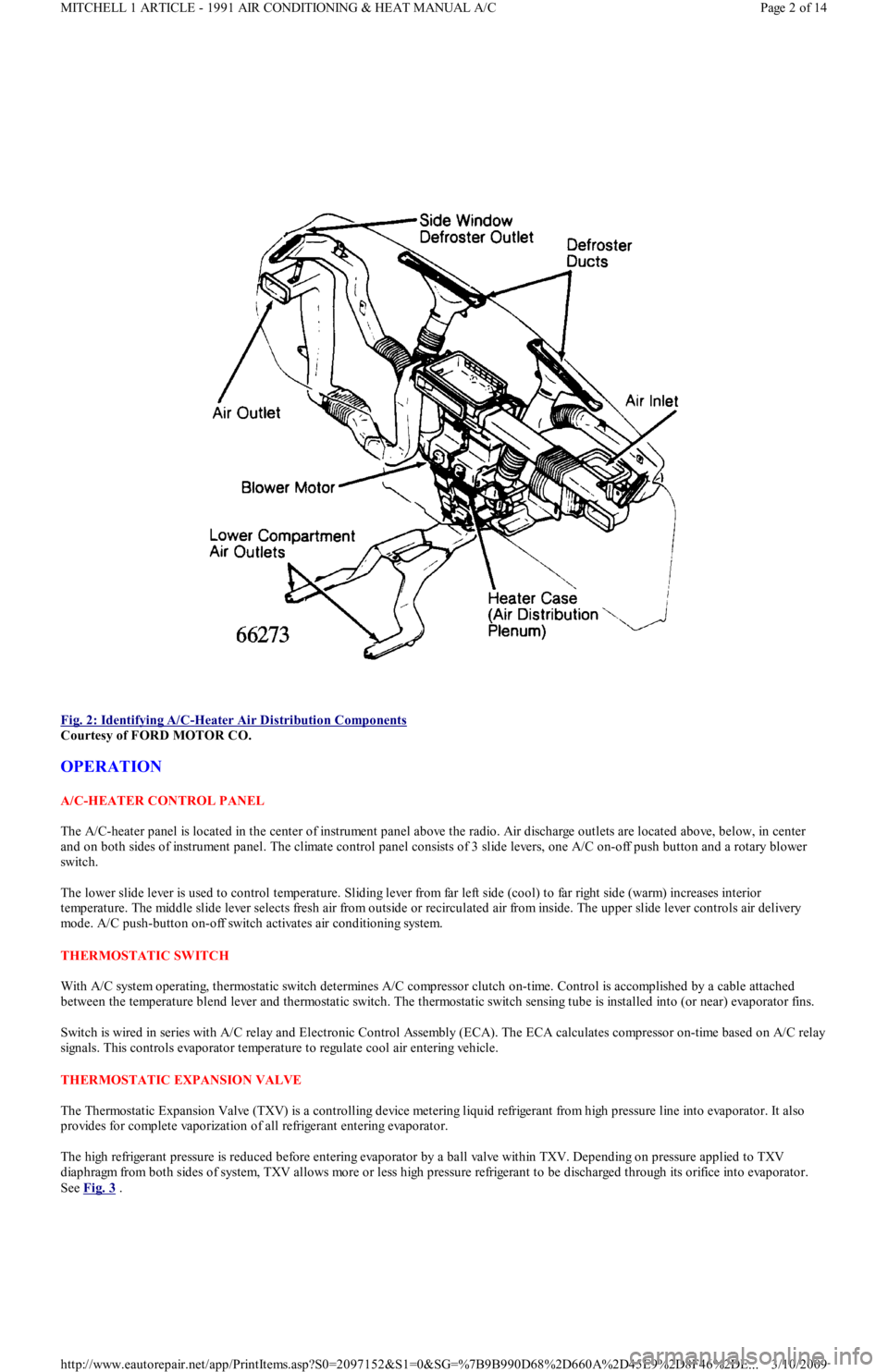 FORD FESTIVA 1991 Service Manual
Fig. 2: Identifying A/C
-Heater Air Distribution Components
Courtesy of FORD MOTOR CO.
OPERATION
A/C-HEATER CONTROL PANEL
The A/C-heater panel is located in the center of instrument panel above FORD FESTIVA 1991 Service Manual
Fig. 2: Identifying A/C
-Heater Air Distribution Components
Courtesy of FORD MOTOR CO.
OPERATION
A/C-HEATER CONTROL PANEL
The A/C-heater panel is located in the center of instrument panel above