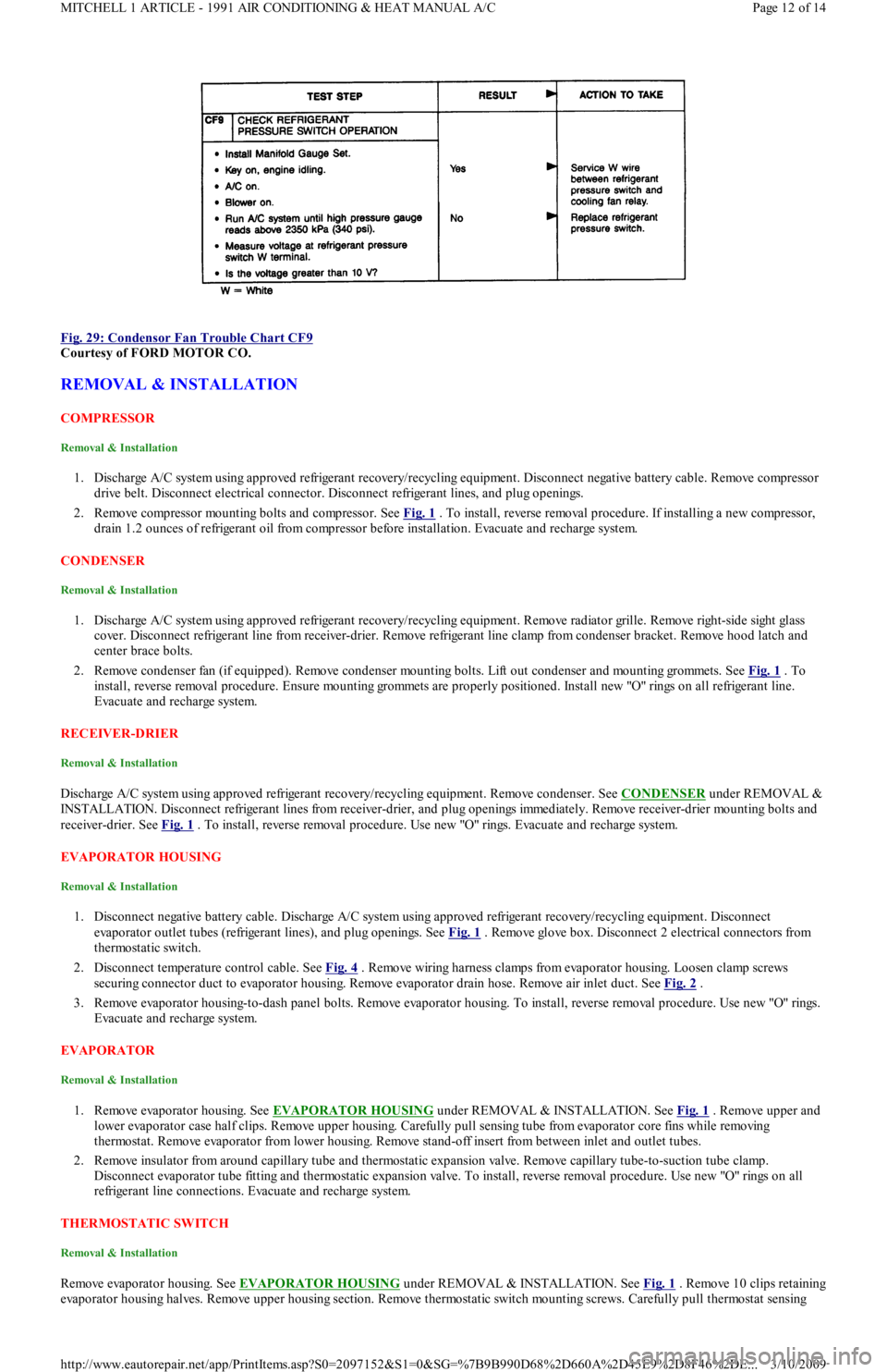 FORD FESTIVA 1991 Service Manual
Fig. 29: Condensor Fan Trouble Chart CF9
Courtesy of FORD MOTOR CO.
REMOVAL & INSTALLATION
COMPRESSOR
Removal & Installation
1. Discharge A/C system using approved refrigerant recovery/recycli FORD FESTIVA 1991 Service Manual
Fig. 29: Condensor Fan Trouble Chart CF9
Courtesy of FORD MOTOR CO.
REMOVAL & INSTALLATION
COMPRESSOR
Removal & Installation
1. Discharge A/C system using approved refrigerant recovery/recycli