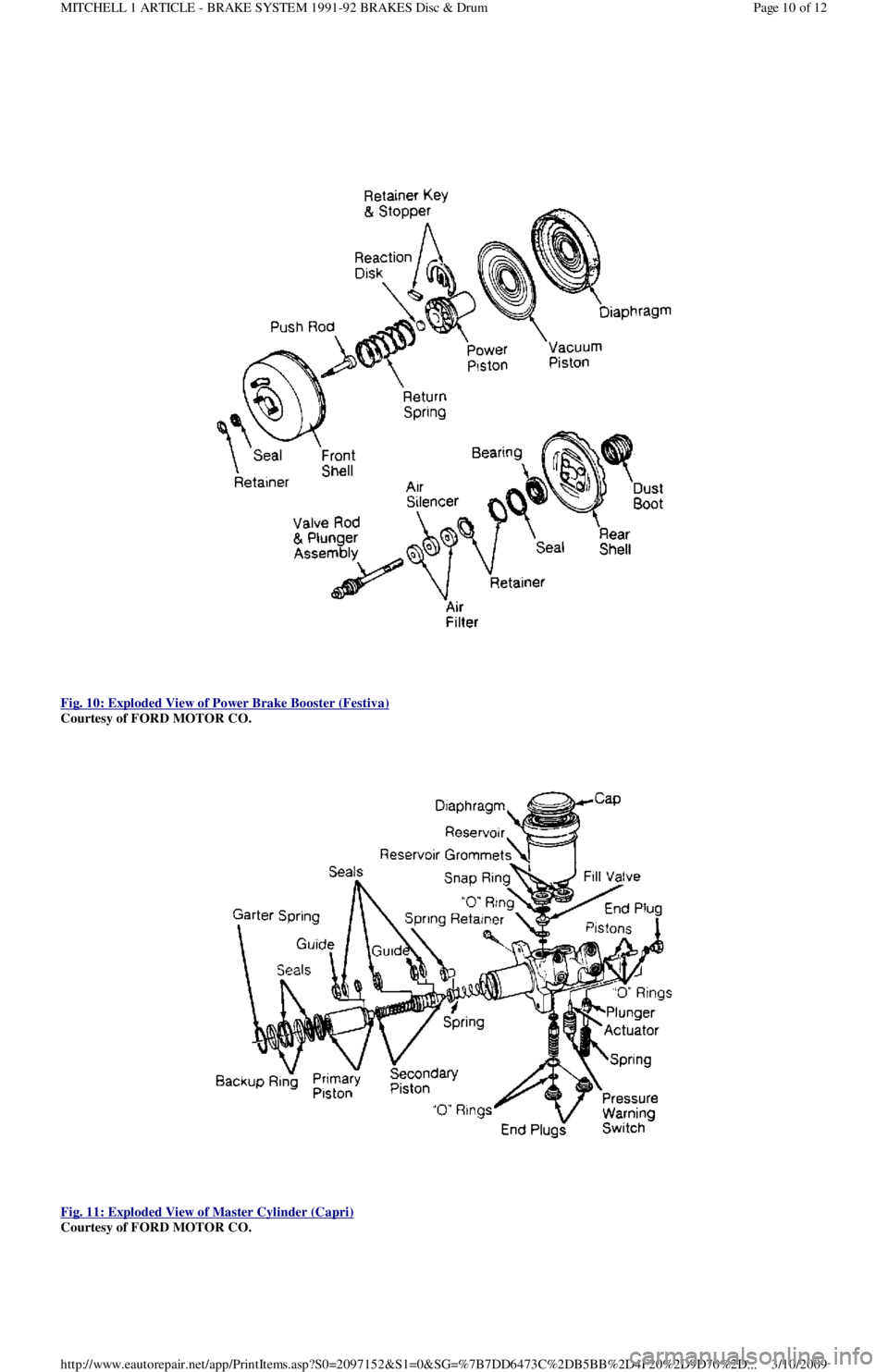 FORD FESTIVA 1991 Owners Guide  
Fig. 10: Exploded View of Power Brake Booster (Festiva)
 
Courtesy of FORD MOTOR CO. 
 
Fig. 11: Exploded View of Master Cylinder (Capri)
 
Courtesy of FORD MOTOR CO. 
Page 10 of 12 MITCHELL 1 ARTIC