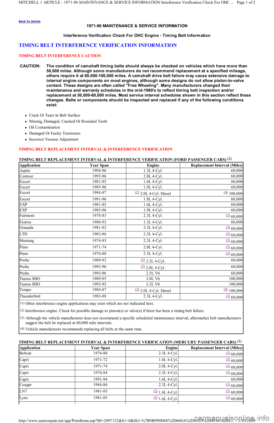 FORD FESTIVA 1991  Service Manual Back To Article 
1971-96 MAINT ENANCE & SERVICE INFORMAT ION
Interference Verification Check For OHC Engine - T im ing Belt Inform ation 
TIMING BELT INTERFERENCE VERIFICATION INFORMATION 
TIMING BELT