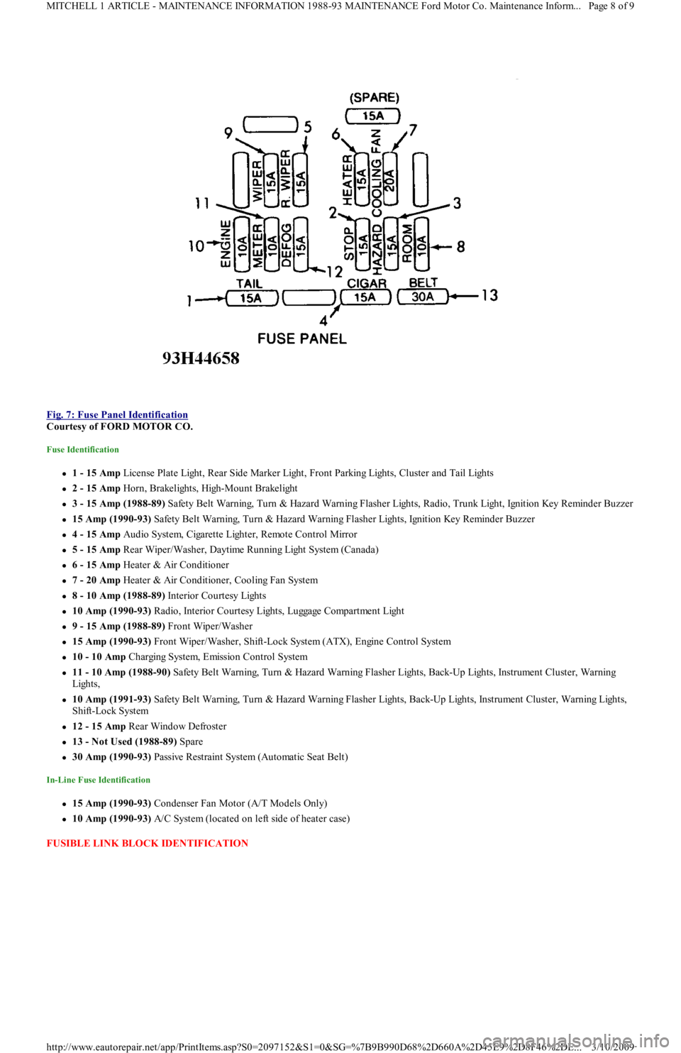 FORD FESTIVA 1991 Service Manual
Fig. 7: Fuse Panel Identification
Courtesy of FORD MOTOR CO.
Fuse Identification
1 - 15 Amp License Plate Light, Rear Side Marker Light, Front Parking Lights, Cluster and Tail Lights
2 - FORD FESTIVA 1991 Service Manual
Fig. 7: Fuse Panel Identification
Courtesy of FORD MOTOR CO.
Fuse Identification
1 - 15 Amp License Plate Light, Rear Side Marker Light, Front Parking Lights, Cluster and Tail Lights
2 -