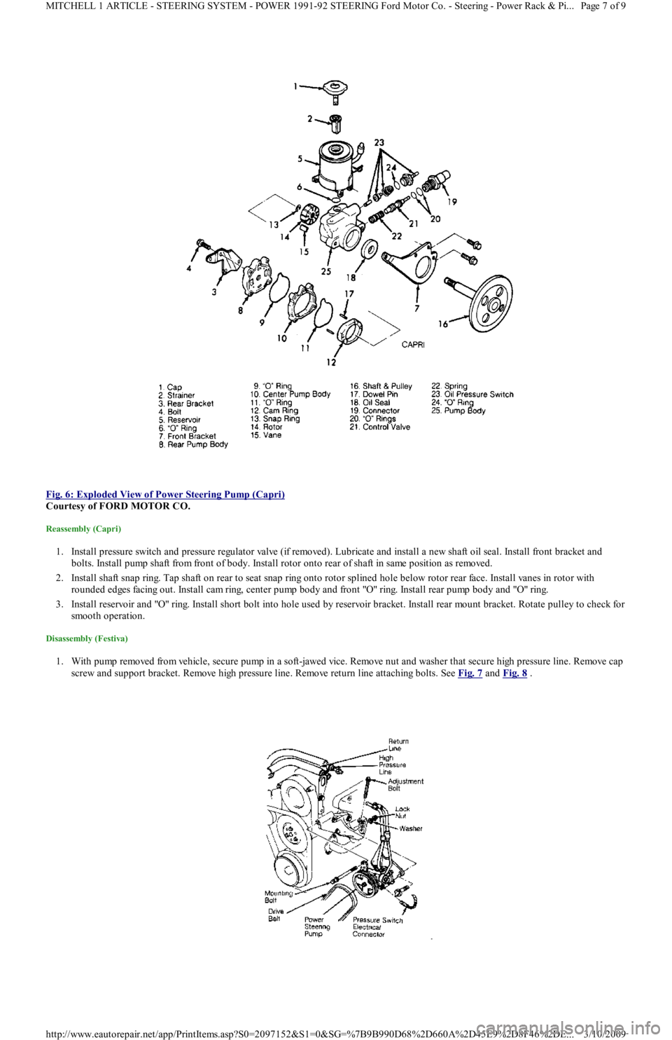 FORD FESTIVA 1991  Service Manual  
Fig. 6: Exploded View of Power Steering Pump (Capri)
 
Courtesy of FORD MOTOR CO. 
Reassembly (Capri) 
1. Install pressure switch and pressure regulator valve (if removed). Lubricate and install a n