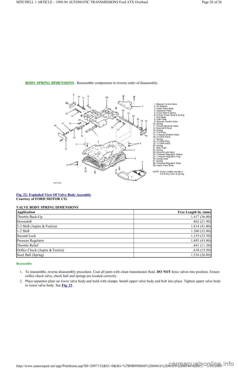 FORD FESTIVA 1991 Service Manual BODY SPRING DIMENSIONS . Reassemble components in reverse order of disassembly.
Fig. 22: Exploded View Of Valve Body Assembly
Courtesy of FORD MOTOR CO.
VALVE BODY SPRING DIMENSIONS
Reassembly FORD FESTIVA 1991 Service Manual BODY SPRING DIMENSIONS . Reassemble components in reverse order of disassembly.
Fig. 22: Exploded View Of Valve Body Assembly
Courtesy of FORD MOTOR CO.
VALVE BODY SPRING DIMENSIONS
Reassembly