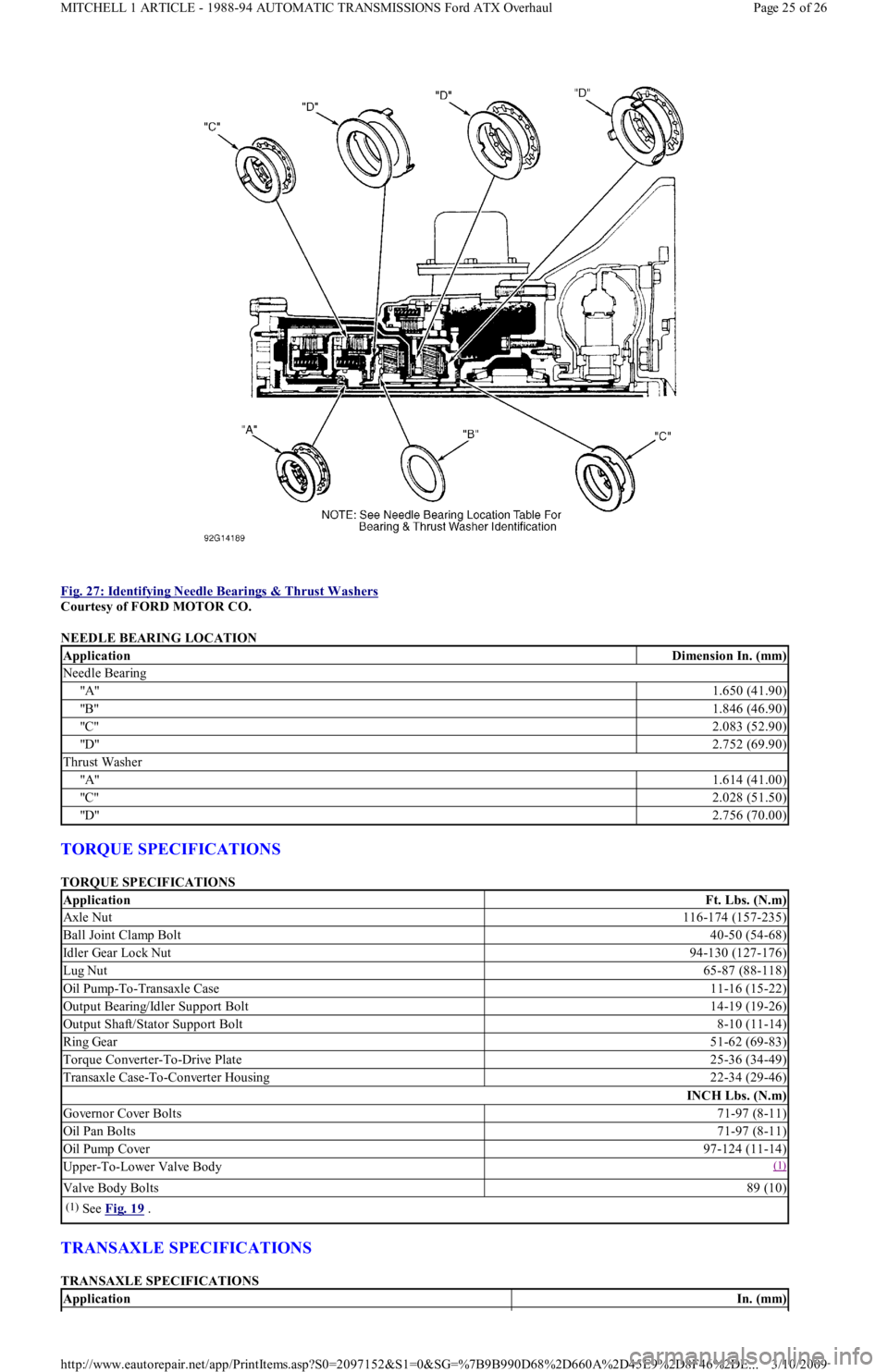 FORD FESTIVA 1991 Service Manual
Fig. 27: Identifying Needle Bearings & Thrust Washers
Courtesy of FORD MOTOR CO.
NEEDLE BEARING LOCATION
TORQUE SPECIFICATIONS
TORQUE SPECIFICATIONS
TRANSAXLE SPECIFICATIONS
TRANSAXLE SPECIFI FORD FESTIVA 1991 Service Manual
Fig. 27: Identifying Needle Bearings & Thrust Washers
Courtesy of FORD MOTOR CO.
NEEDLE BEARING LOCATION
TORQUE SPECIFICATIONS
TORQUE SPECIFICATIONS
TRANSAXLE SPECIFICATIONS
TRANSAXLE SPECIFI