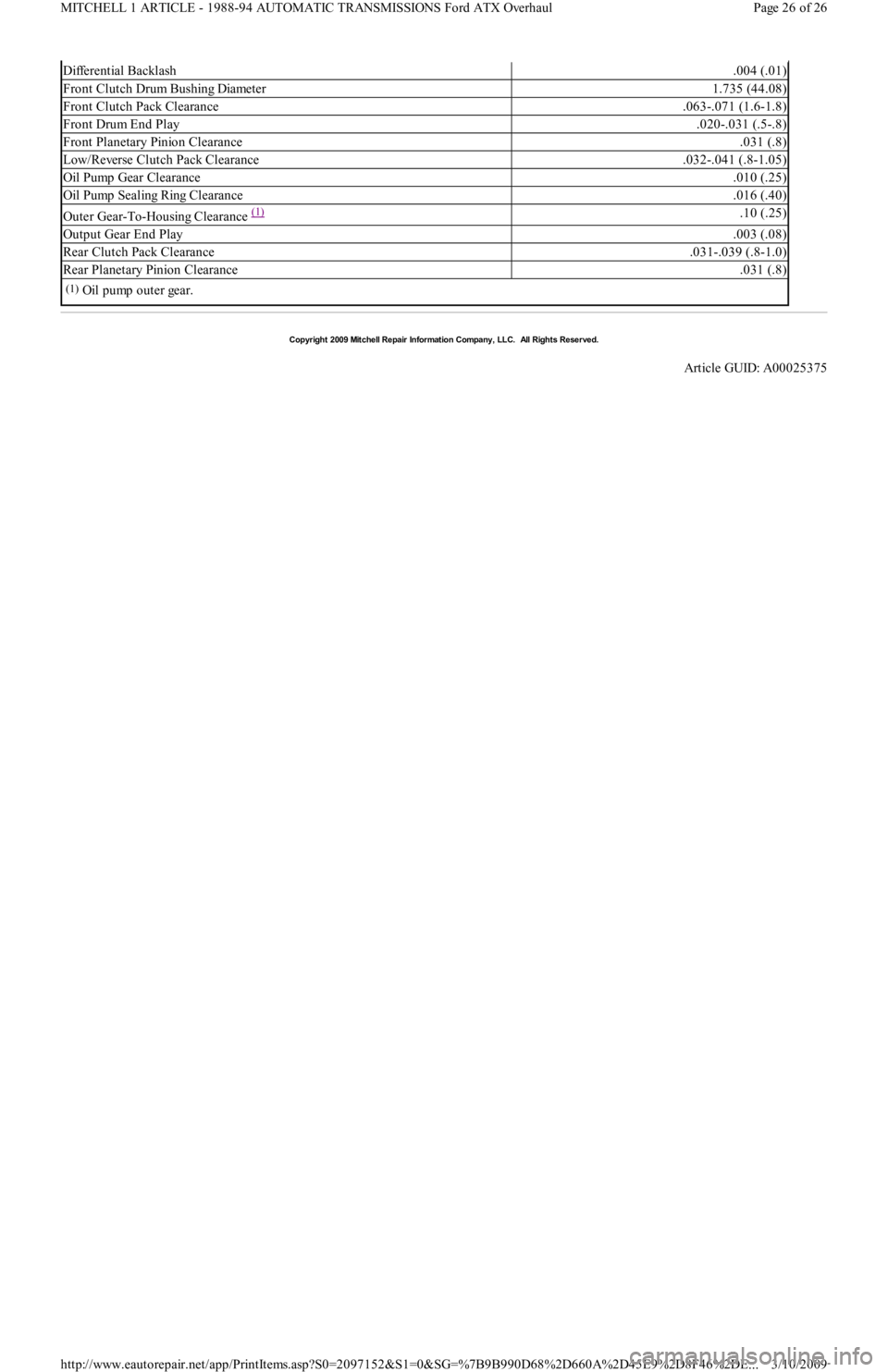 FORD FESTIVA 1991 Service Manual Differential Backlash.004 (.01)
Front Clutch Drum Bushing Diameter1.735 (44.08)
Front Clutch Pack Clearance.063-.071 (1.6-1.8)
Front Drum End Play.020-.031 (.5-.8)
Front Planetary Pinion Clearance.031 FORD FESTIVA 1991 Service Manual Differential Backlash.004 (.01)
Front Clutch Drum Bushing Diameter1.735 (44.08)
Front Clutch Pack Clearance.063-.071 (1.6-1.8)
Front Drum End Play.020-.031 (.5-.8)
Front Planetary Pinion Clearance.031