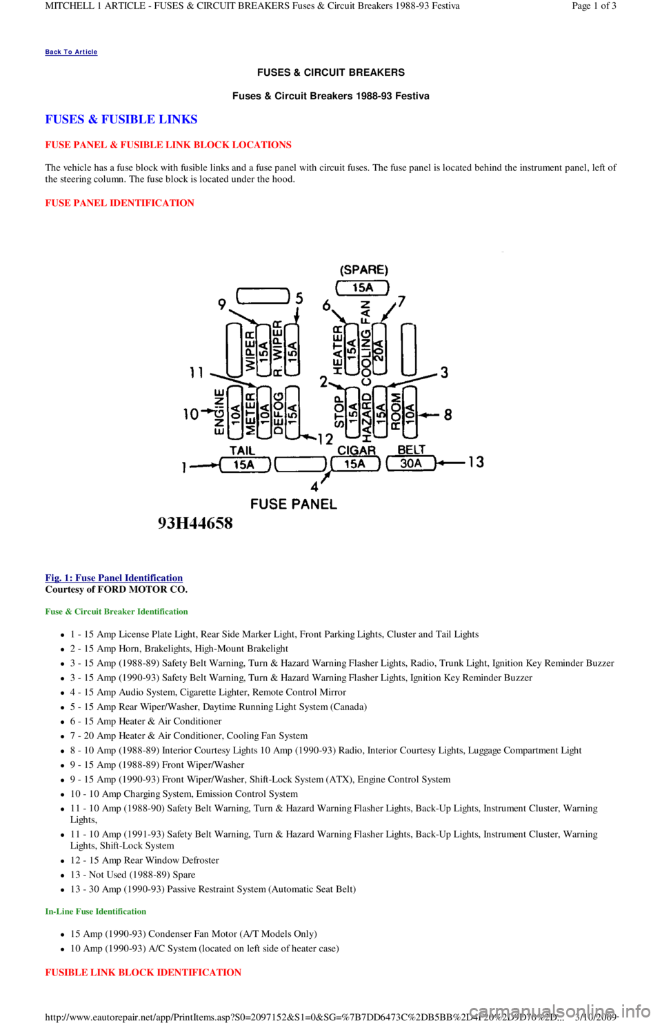 FORD FESTIVA 1991  Service Manual Back To Article 
FUSES & CIRCUIT BREAKERS 
Fuses & Circuit Breakers 1988-93 Festiva 
FUSES & FUSIBLE LINKS 
FUSE PANEL & FUSIBLE LINK BLOCK LOCATIONS 
The vehicle has a fuse block with fusible links a