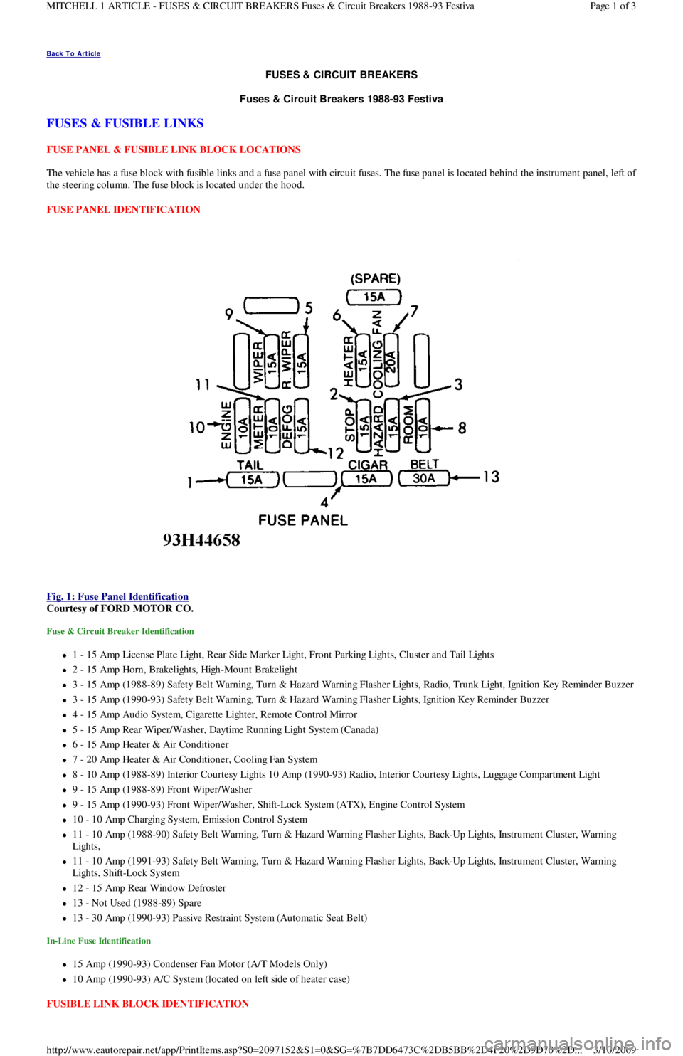 FORD FESTIVA 1991 Workshop Manual Back To Article 
FUSES & CIRCUIT BREAKERS 
Fuses & Circuit Breakers 1988-93 Festiva 
FUSES & FUSIBLE LINKS 
FUSE PANEL & FUSIBLE LINK BLOCK LOCATIONS 
The vehicle has a fuse block with fusible links a