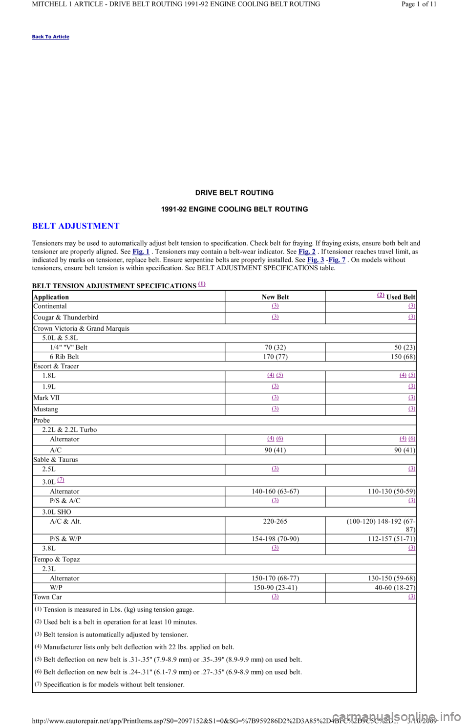 FORD FESTIVA 1991 Manual PDF Back To Article
DRIVE BELT ROUTING
1991-92 ENGINE COOLING BELT ROUT ING
BELT ADJUSTMENT
Tensioners may be used to automatically adjust belt tension to specification. Check belt for fraying. If fr FORD FESTIVA 1991 Manual PDF Back To Article
DRIVE BELT ROUTING
1991-92 ENGINE COOLING BELT ROUT ING
BELT ADJUSTMENT
Tensioners may be used to automatically adjust belt tension to specification. Check belt for fraying. If fr