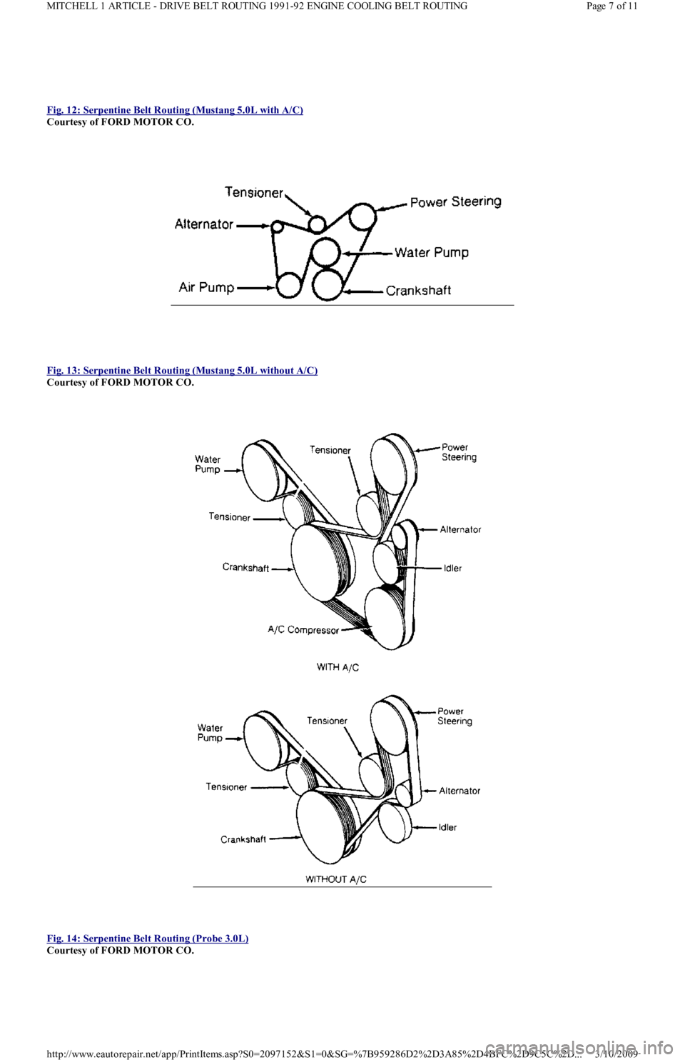 FORD FESTIVA 1991 Manual Online Fig. 12: Serpentine Belt Routing (Mustang 5.0L with A/C) 
Courtesy of FORD MOTOR CO. 
 
Fig. 13: Serpentine Belt Routing (Mustang 5.0L without A/C)
 
Courtesy of FORD MOTOR CO. 
 
Fig. 14: Serpentine 
