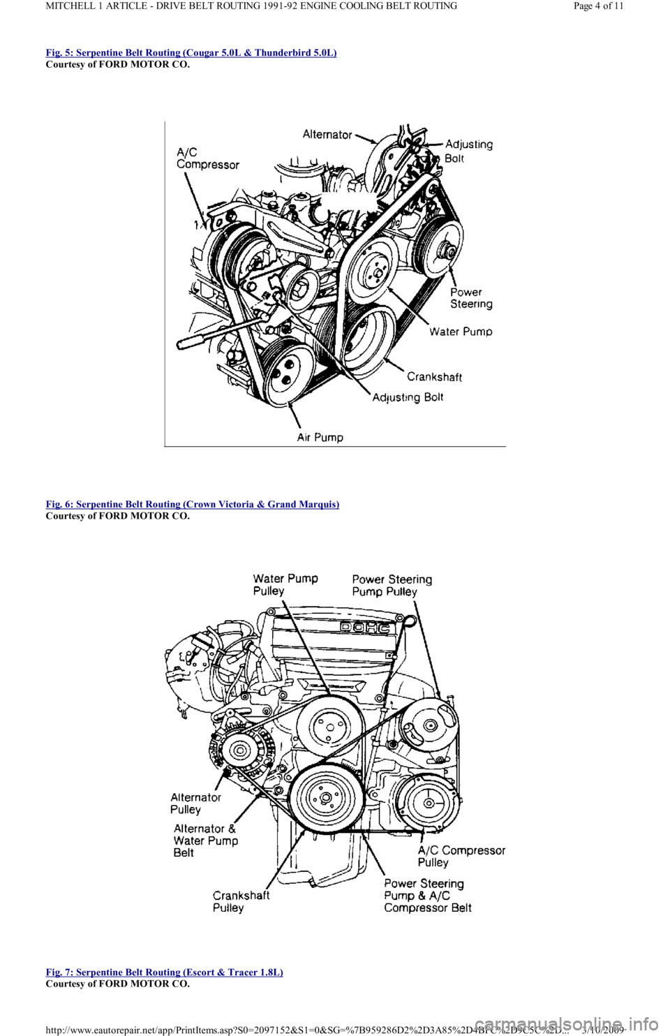 FORD FESTIVA 1991 Owners Manual Fig. 5: Serpentine Belt Routing (Cougar 5.0L & Thunderbird 5.0L) 
Courtesy of FORD MOTOR CO. 
 
Fig. 6: Serpentine Belt Routing (Crown Victoria & Grand Marquis)
 
Courtesy of FORD MOTOR CO. 
 
Fig. 7: