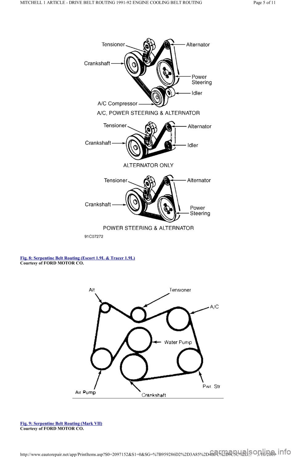FORD FESTIVA 1991 Owners Manual  
Fig. 8: Serpentine Belt Routing (Escort 1.9L & Tracer 1.9L)
 
Courtesy of FORD MOTOR CO. 
 
Fig. 9: Serpentine Belt Routing (Mark VII)
 
Courtesy of FORD MOTOR CO. 
Page 5 of 11 MITCHELL 1 ARTICLE -