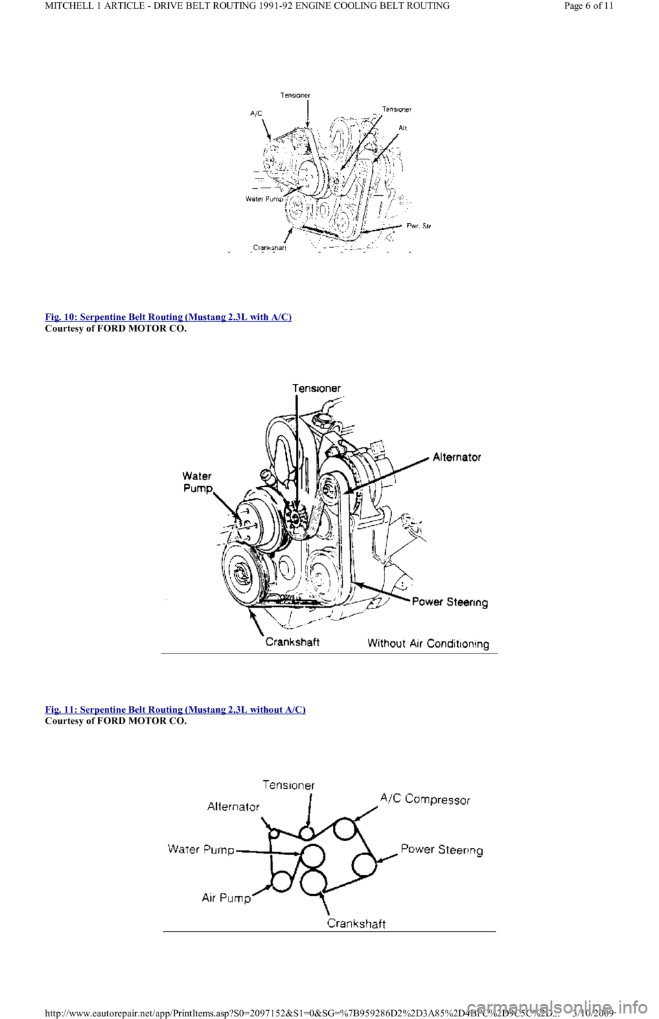 FORD FESTIVA 1991 Owners Manual  
Fig. 10: Serpentine Belt Routing (Mustang 2.3L with A/C)
 
Courtesy of FORD MOTOR CO. 
 
Fig. 11: Serpentine Belt Routing (Mustang 2.3L without A/C)
 
Courtesy of FORD MOTOR CO. 
Page 6 of 11 MITCHE