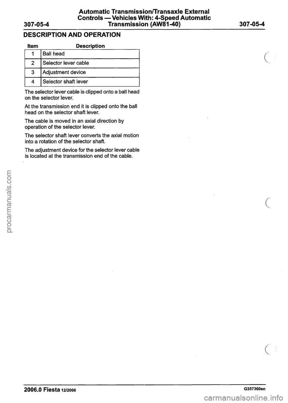 FORD FIESTA 2007 Workshop Manual
Automatic Transmission/rransaxle External
Controls -Vehicles With: 4-Speed Automatic
307-05-4 Transmission (AW81-40) 307105-4
DESCRIPTION AND OPERATION
I 1 (Ball head I
1 2 1 Selector leve FORD FIESTA 2007 Workshop Manual
Automatic Transmission/rransaxle External
Controls -Vehicles With: 4-Speed Automatic
307-05-4 Transmission (AW81-40) 307105-4
DESCRIPTION AND OPERATION
I 1 (Ball head I
1 2 1 Selector leve