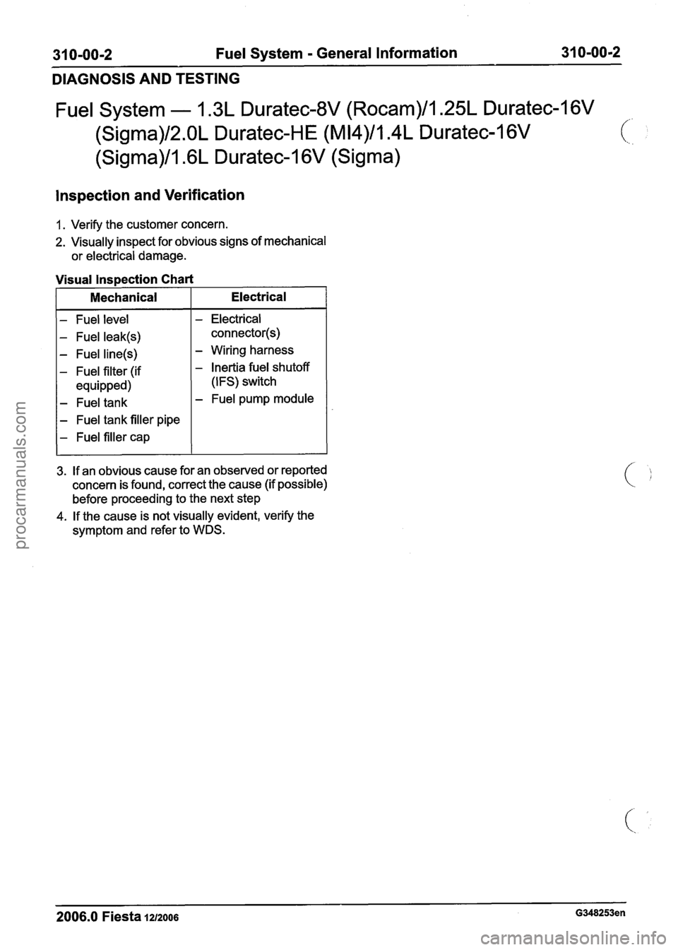 FORD FIESTA 2007 Workshop Manual
31 0-00-2 Fuel System - General Information 31 0-00-2
DIAGNOSIS AND TESTING
Fuel System - 1.3L Duratec-8V (Rocam)/l.25L Duratec-1 6V
(Sigma)/2.0L Duratec-HE (M14)/1.4L Duratec-I 6V
(Sigma)/l. FORD FIESTA 2007 Workshop Manual
31 0-00-2 Fuel System - General Information 31 0-00-2
DIAGNOSIS AND TESTING
Fuel System - 1.3L Duratec-8V (Rocam)/l.25L Duratec-1 6V
(Sigma)/2.0L Duratec-HE (M14)/1.4L Duratec-I 6V
(Sigma)/l.