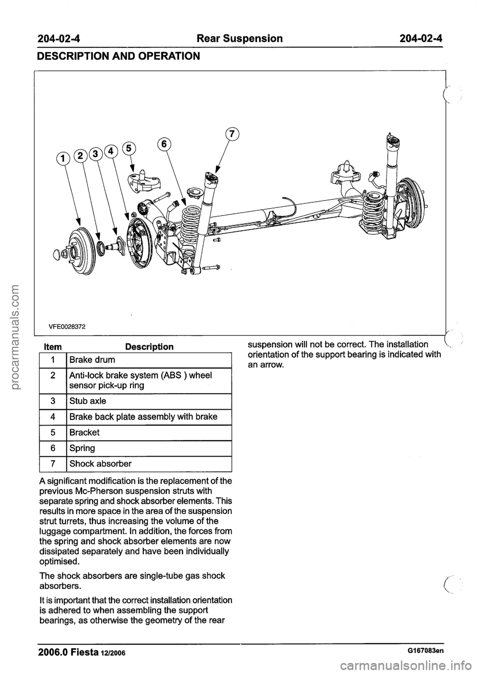 FORD FIESTA 2007 Workshop Manual
204-0214 Rear Suspension 204-02-4
DESCRIPTION AND OPERATION
suspension will not be correct. The installation .
orientation of the support bearing is indicated with
an arrow.
sensor pick-up FORD FIESTA 2007 Workshop Manual
204-0214 Rear Suspension 204-02-4
DESCRIPTION AND OPERATION
suspension will not be correct. The installation .
orientation of the support bearing is indicated with
an arrow.
sensor pick-up