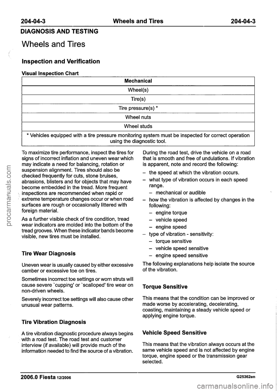 FORD FIESTA 2007 Workshop Manual
204-04-3 Wheels and Tires 204-04-3
DIAGNOSIS AND TESTING
Wheels and Tires
lnspection and Verification
Visual Inspection Chart
I Mechanical I
I Tire pressure(s) * I
I Wheel nuts I
I Wheel stu FORD FIESTA 2007 Workshop Manual
204-04-3 Wheels and Tires 204-04-3
DIAGNOSIS AND TESTING
Wheels and Tires
lnspection and Verification
Visual Inspection Chart
I Mechanical I
I Tire pressure(s) * I
I Wheel nuts I
I Wheel stu