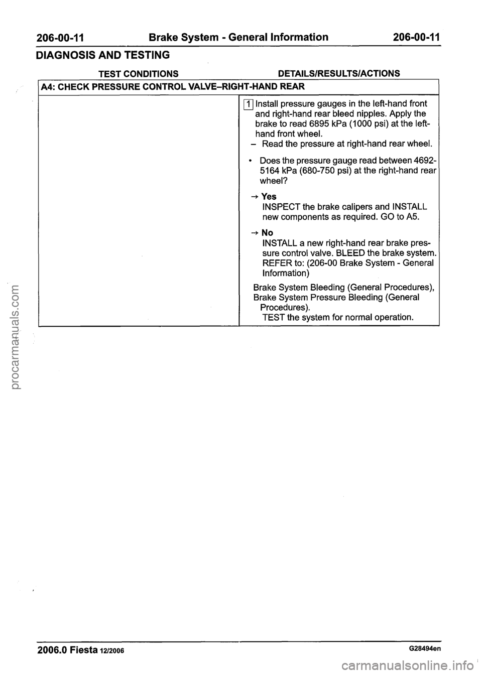 FORD FIESTA 2007 Workshop Manual
206-00-1 1 Brake System - General Information 206-00-1 1
DIAGNOSIS AND TESTING
TEST CONDITIONS DETAILSIRESULTSIACTIONS
1 A4: CHECK PRESSURE CONTROL VALVE-RIGHT-HAND REAR --
Install pressure FORD FIESTA 2007 Workshop Manual
206-00-1 1 Brake System - General Information 206-00-1 1
DIAGNOSIS AND TESTING
TEST CONDITIONS DETAILSIRESULTSIACTIONS
1 A4: CHECK PRESSURE CONTROL VALVE-RIGHT-HAND REAR --
Install pressure