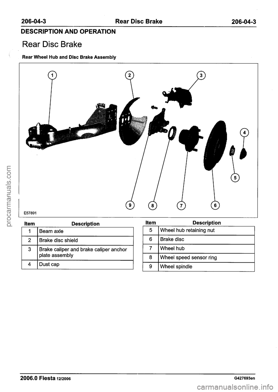 FORD FIESTA 2007 Owners Manual
206-04-3 Rear Disc Brake 206-04-3
DESCRIPTION AND OPERATION
Rear Disc Brake
Rear Wheel Hub and Disc Brake Assembly
Item Description Item Description
I 1 I Beam axle
2
3
I plate assembly
20 FORD FIESTA 2007 Owners Manual
206-04-3 Rear Disc Brake 206-04-3
DESCRIPTION AND OPERATION
Rear Disc Brake
Rear Wheel Hub and Disc Brake Assembly
Item Description Item Description
I 1 I Beam axle
2
3
I plate assembly
20